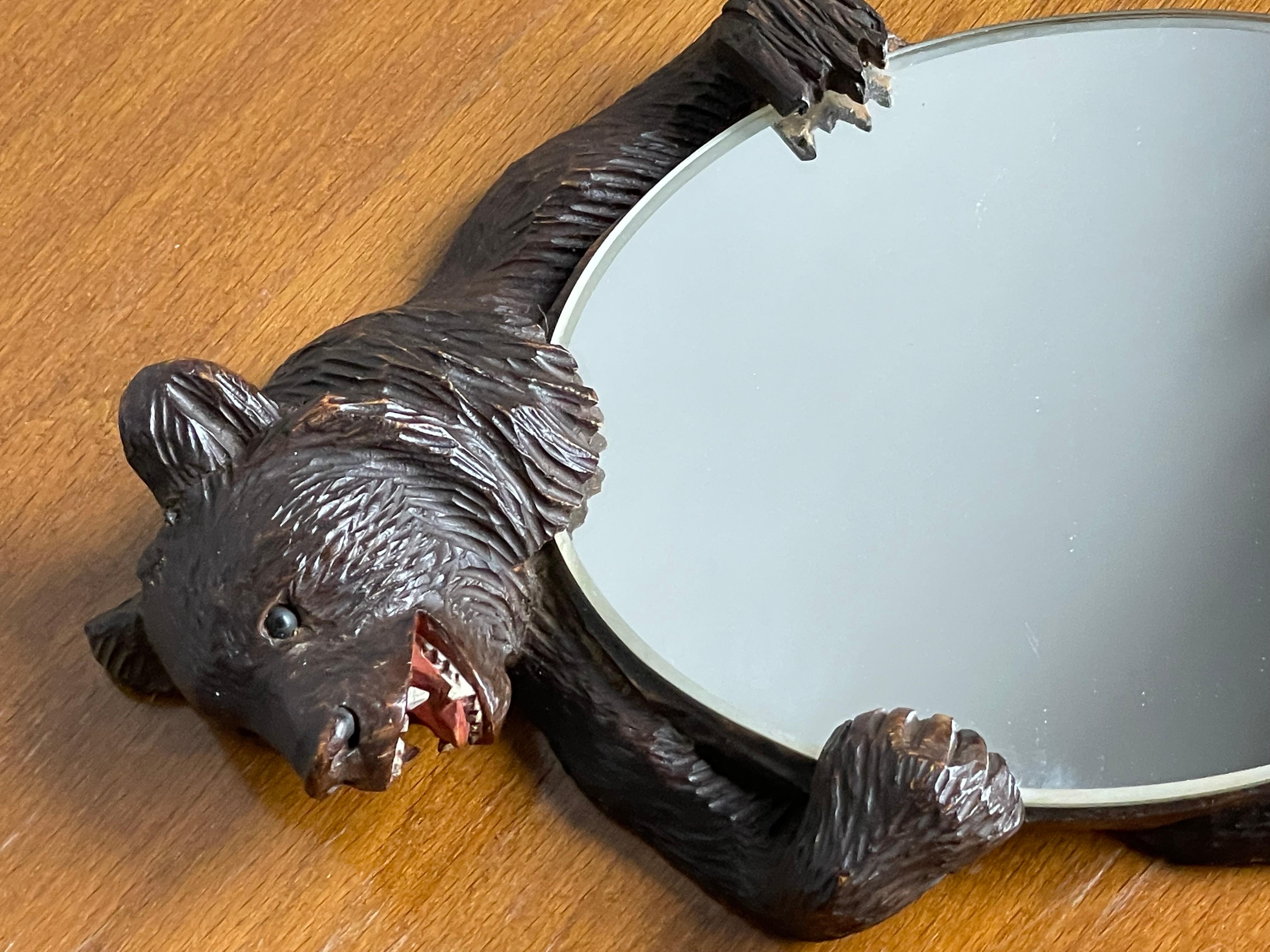 Hand Carved Black Forest Bear Sculpture Hand or Vanity Mirror with Beveled Edge For Sale 9