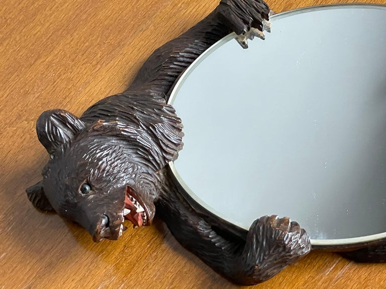 Hand Carved Black Forest Bear Sculpture Hand or Vanity Mirror with Beveled Edge For Sale 12