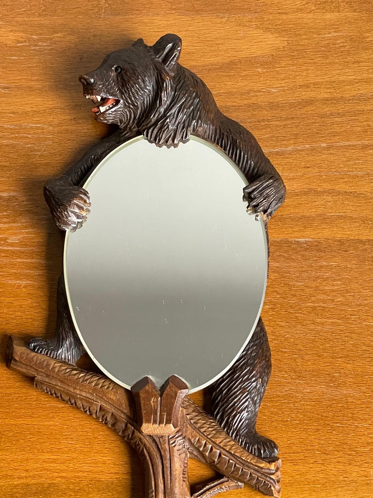 Wood Hand Carved Black Forest Bear Sculpture Hand or Vanity Mirror with Beveled Edge For Sale