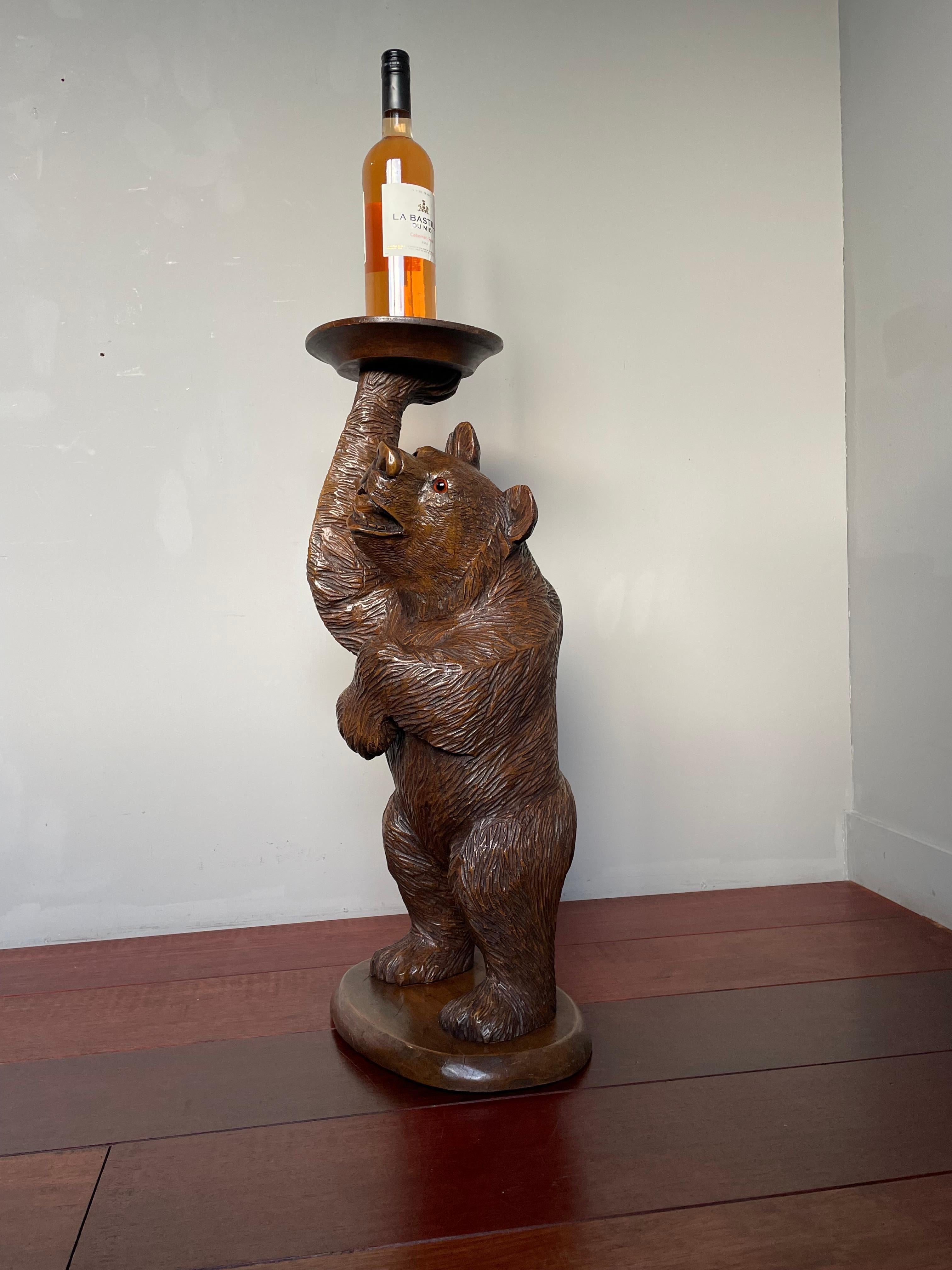 Hand Carved Black Forest Bear Sculpture Serving Table / Bottle Display Stand 8