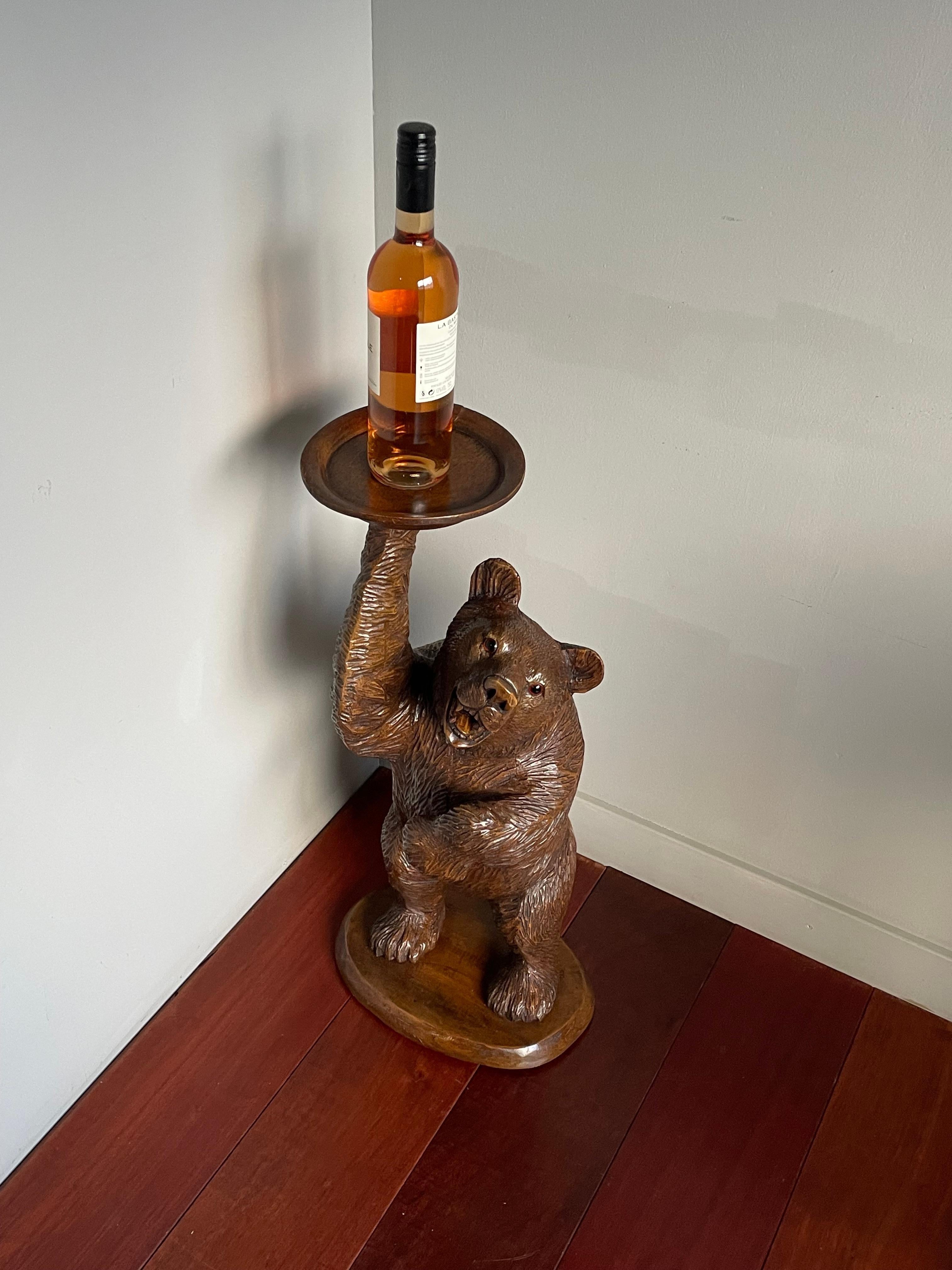 Hand Carved Black Forest Bear Sculpture Serving Table / Bottle Display Stand 9