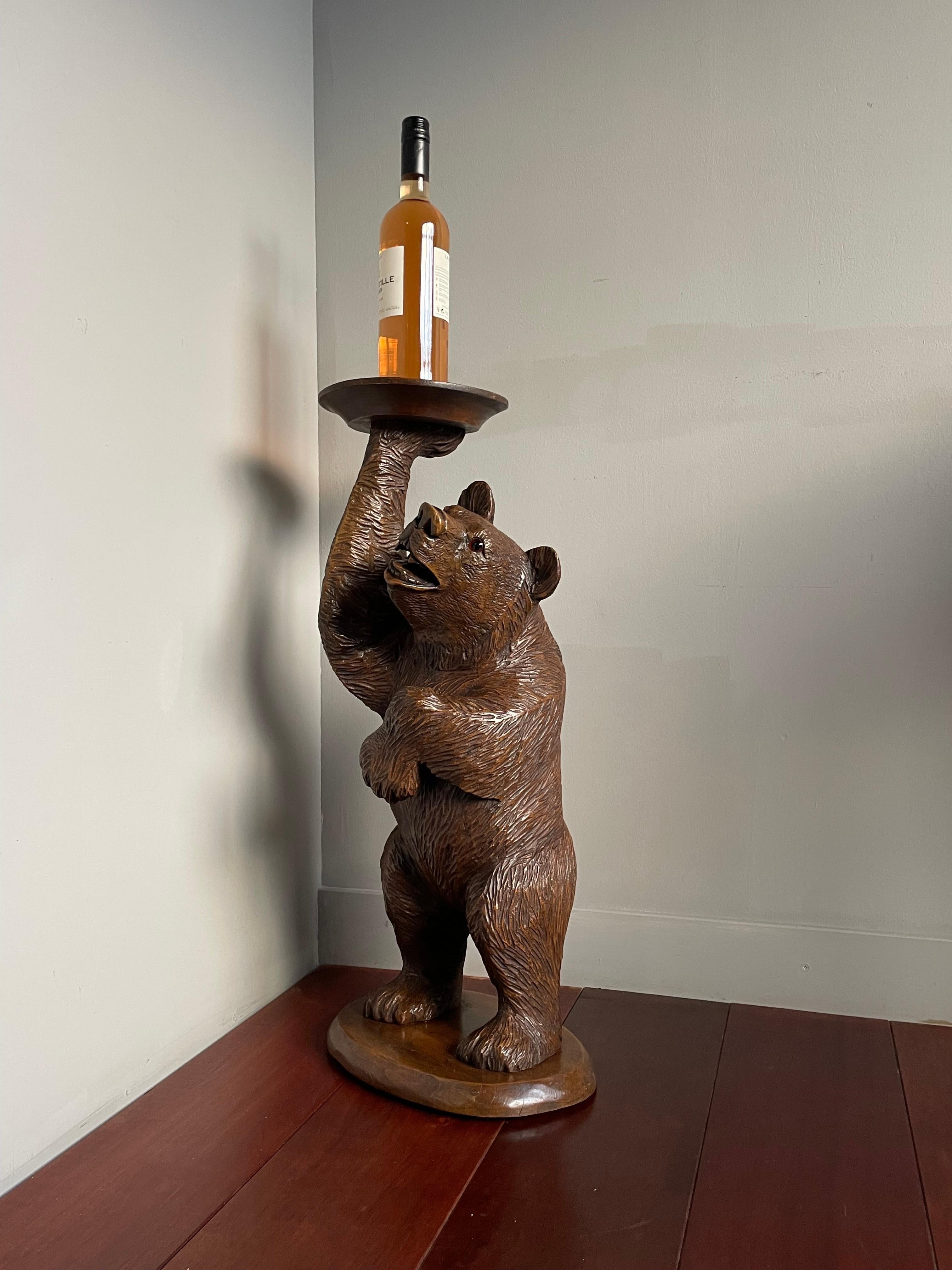 Hand Carved Black Forest Bear Sculpture Serving Table / Bottle Display Stand 12