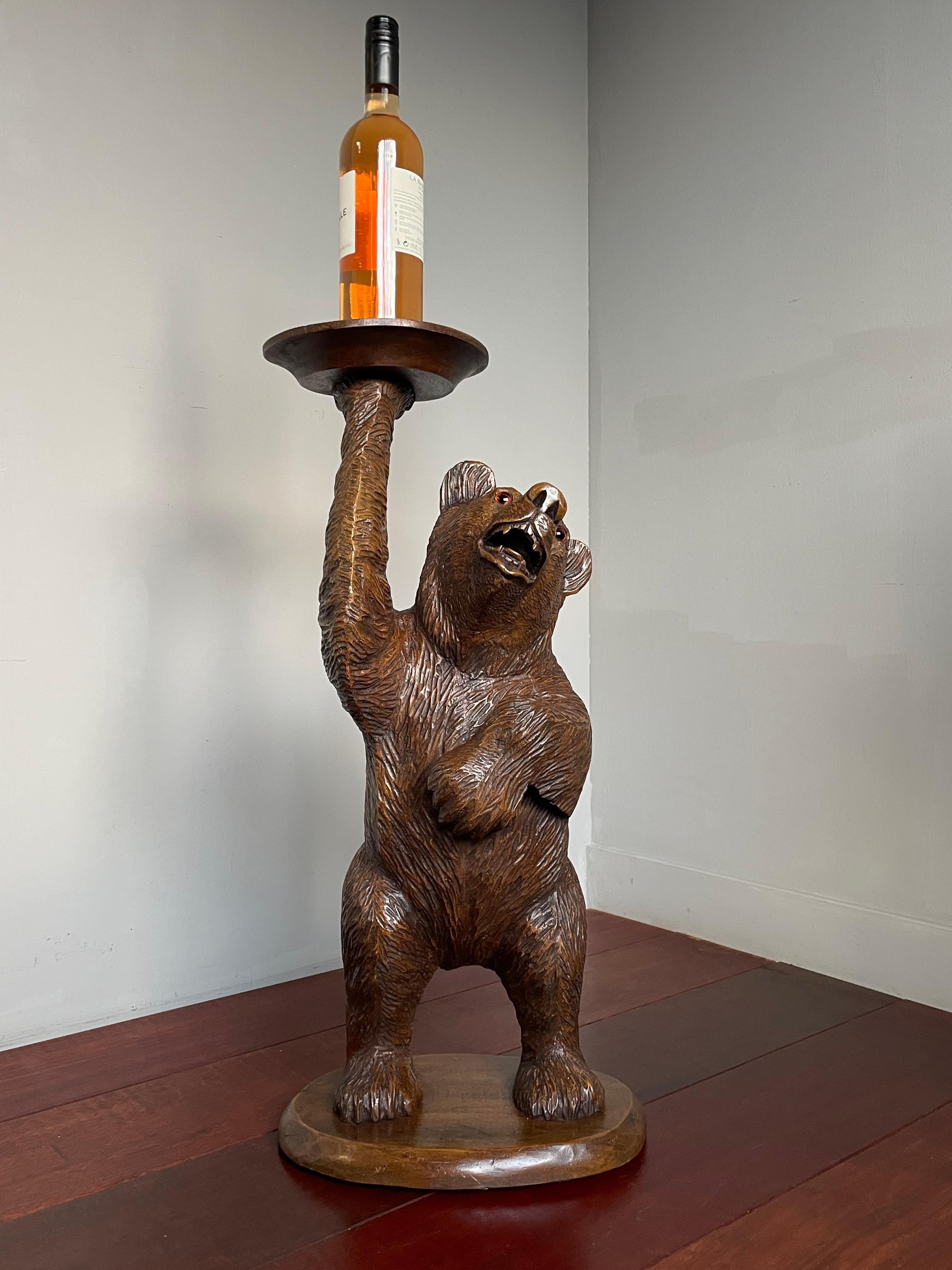 Hand Carved Black Forest Bear Sculpture Serving Table / Bottle Display Stand 13