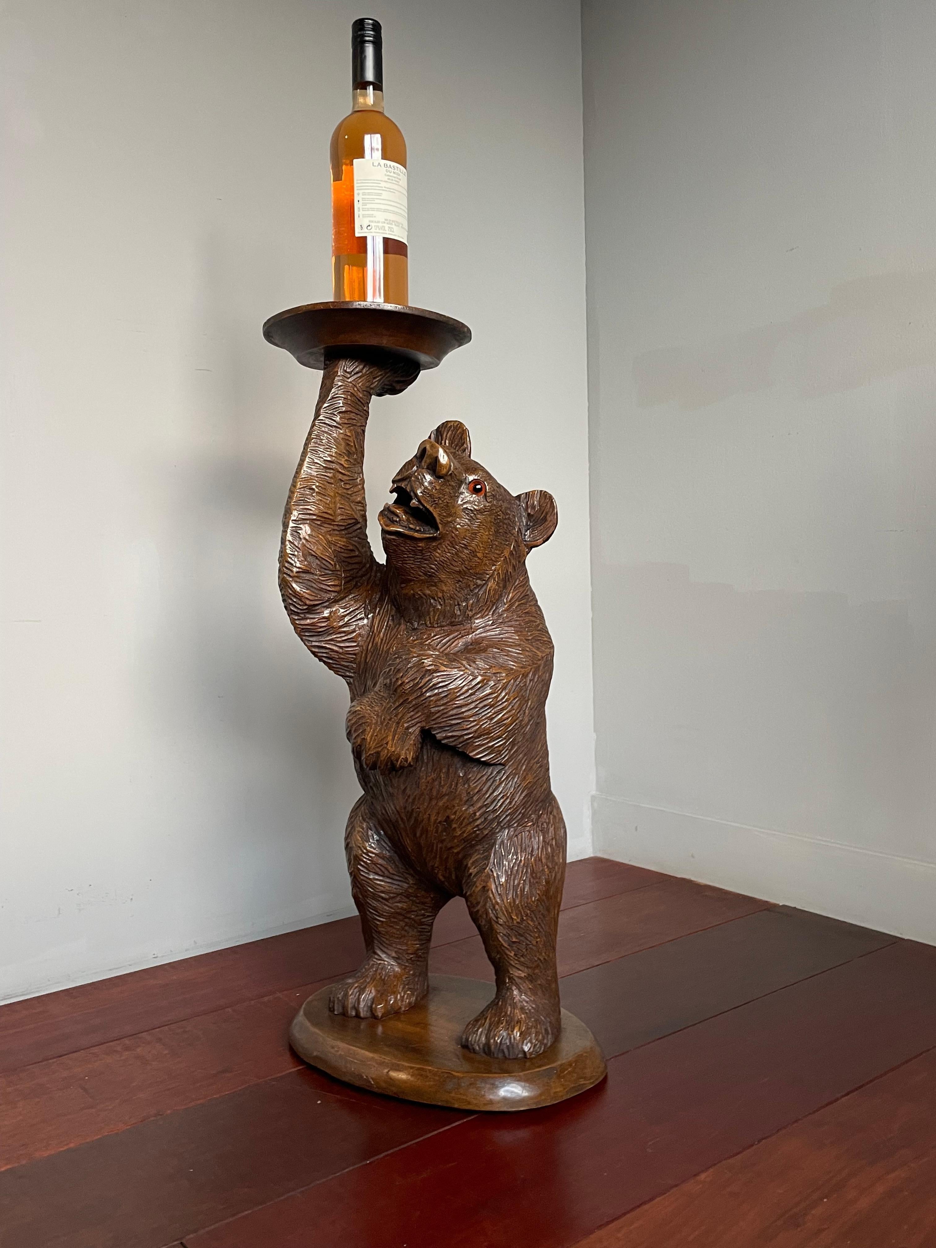 German Hand Carved Black Forest Bear Sculpture Serving Table / Bottle Display Stand