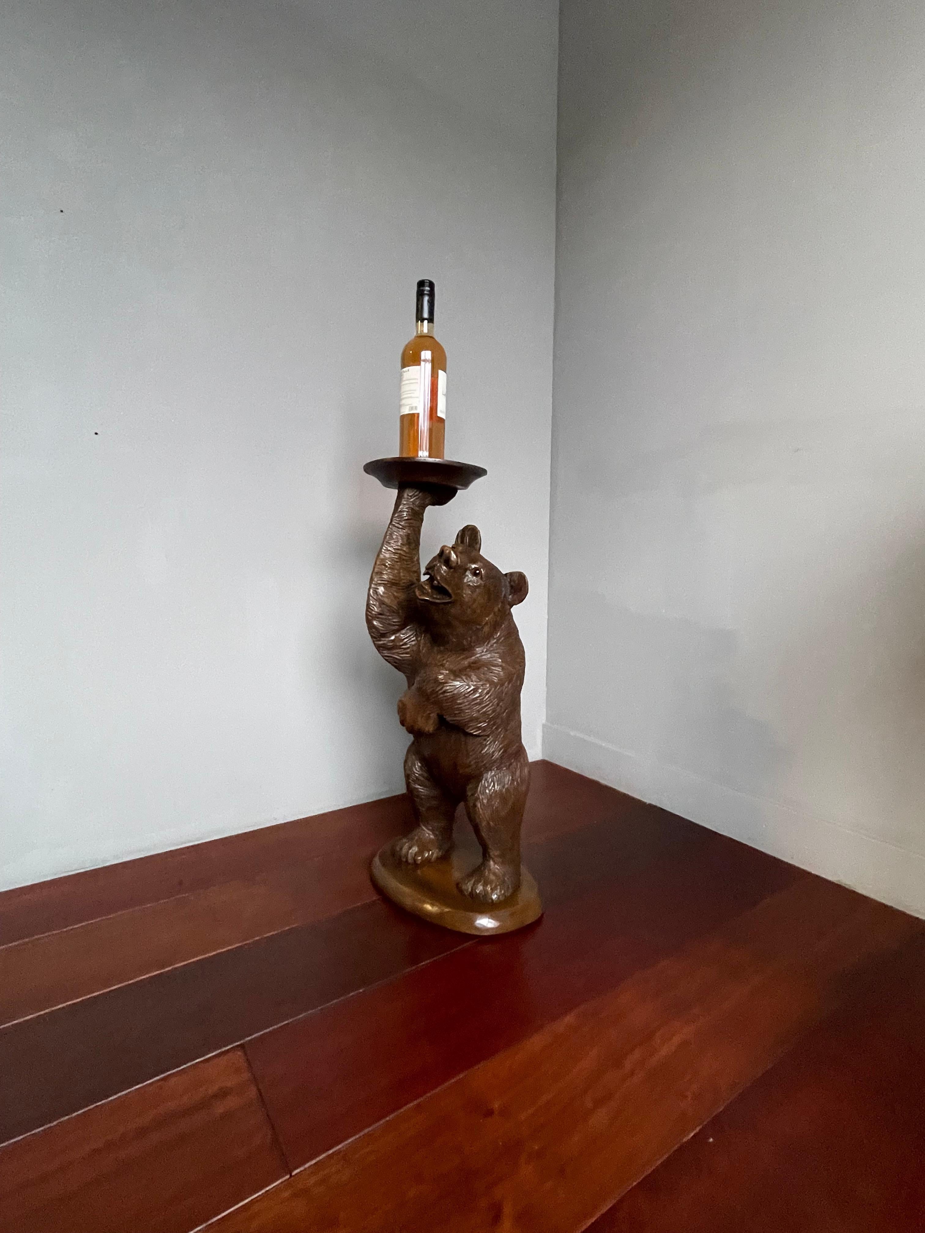 20th Century Hand Carved Black Forest Bear Sculpture Serving Table / Bottle Display Stand