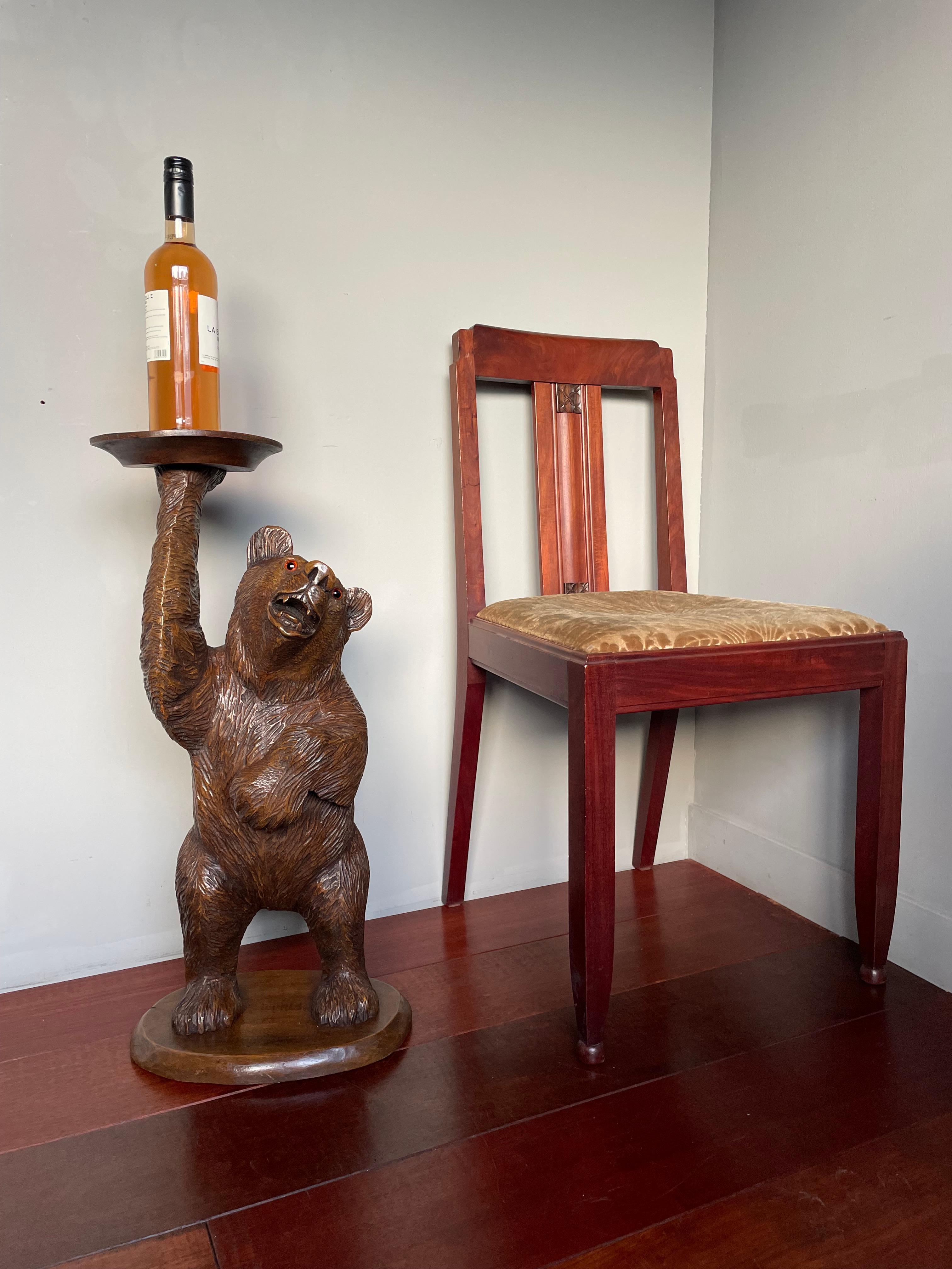 Metal Hand Carved Black Forest Bear Sculpture Serving Table / Bottle Display Stand