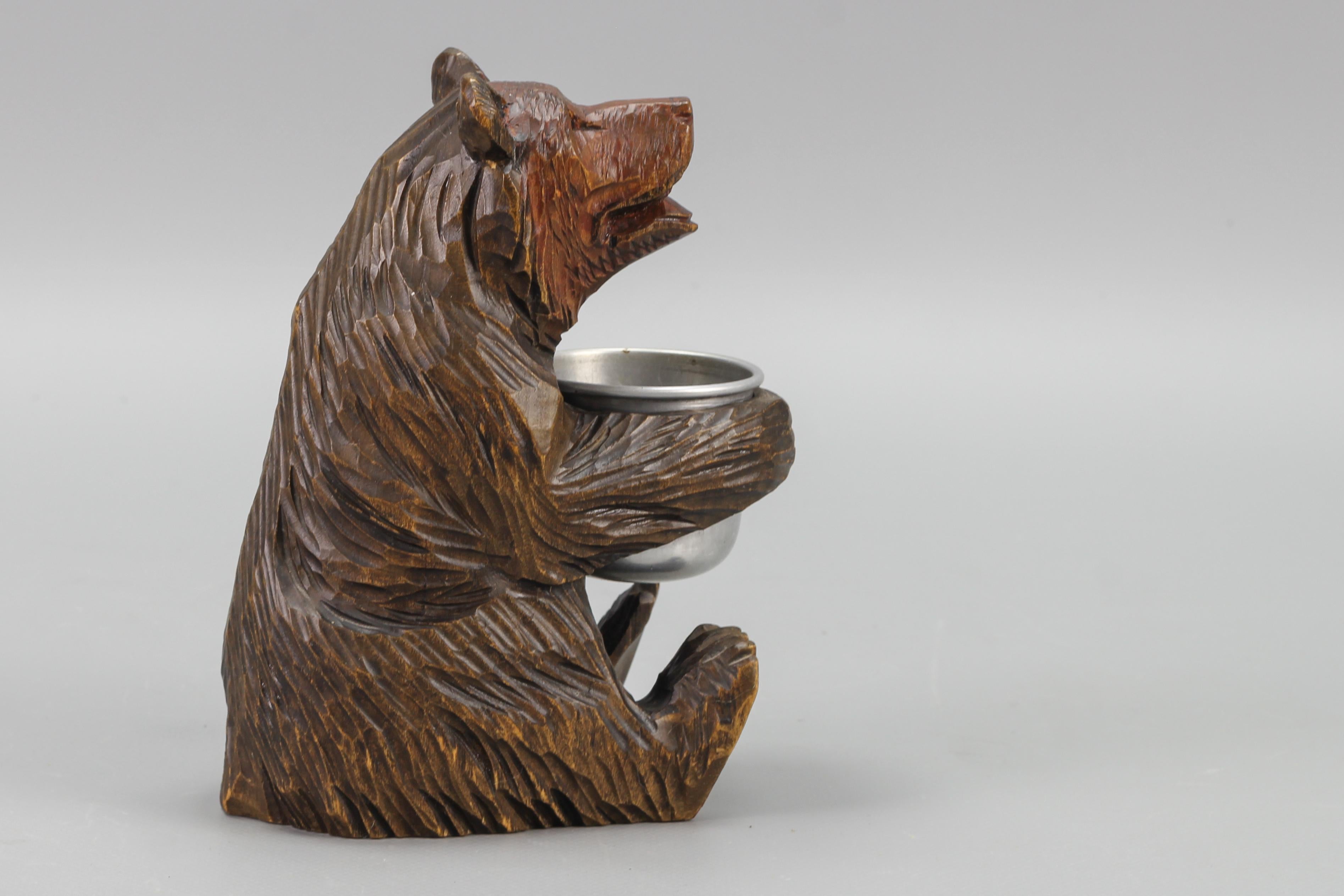 Early 20th Century Hand-Carved Black Forest Bear with Aluminum Pot For Sale
