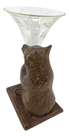 Hand Carved Black Forest Brienz Wooden Bear with an Engraved Glass Vase or Flute