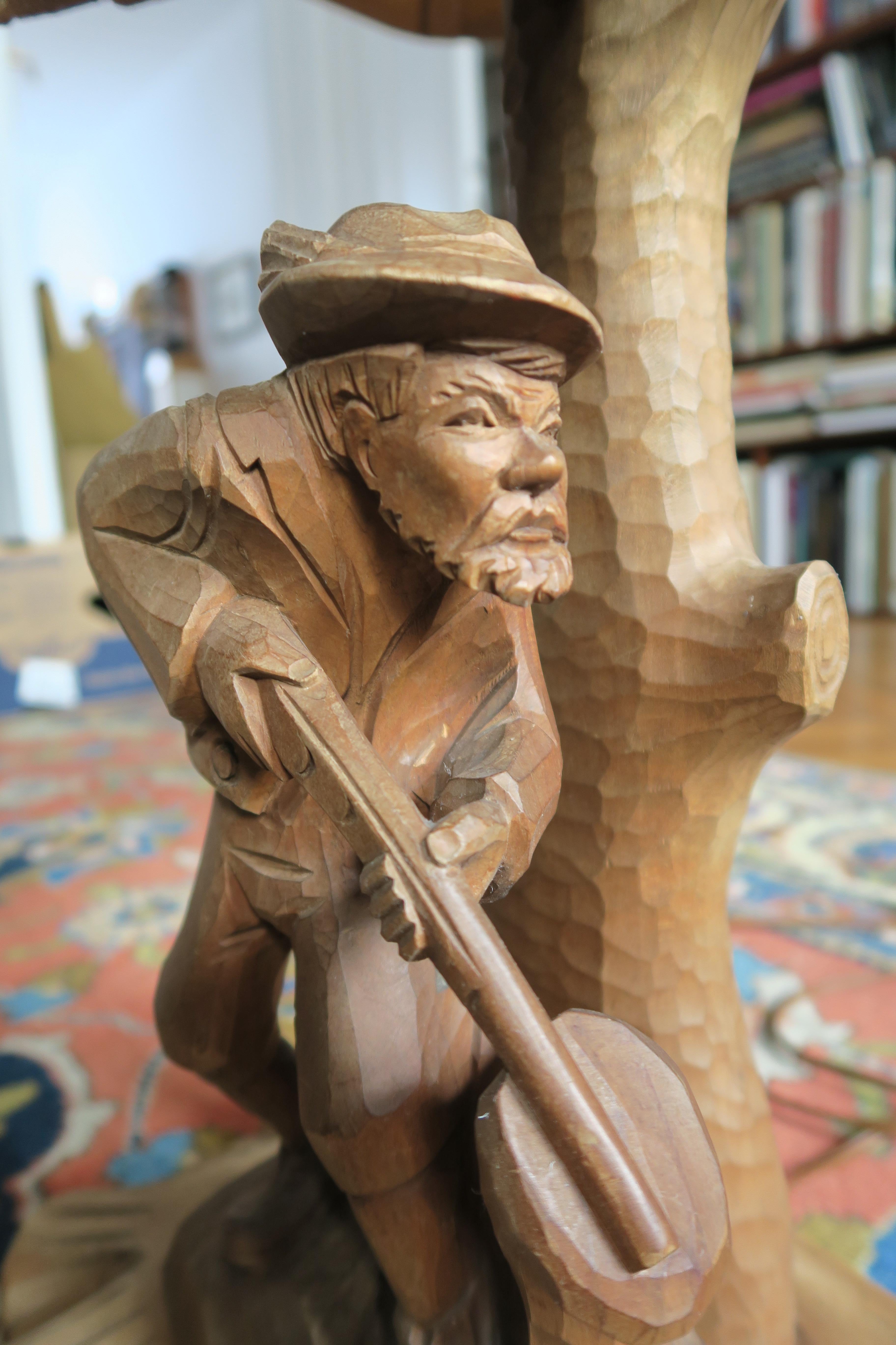 Hand-Crafted Hand Carved Black Forest Desk Lamp Hunting Scene, circa 1950s For Sale