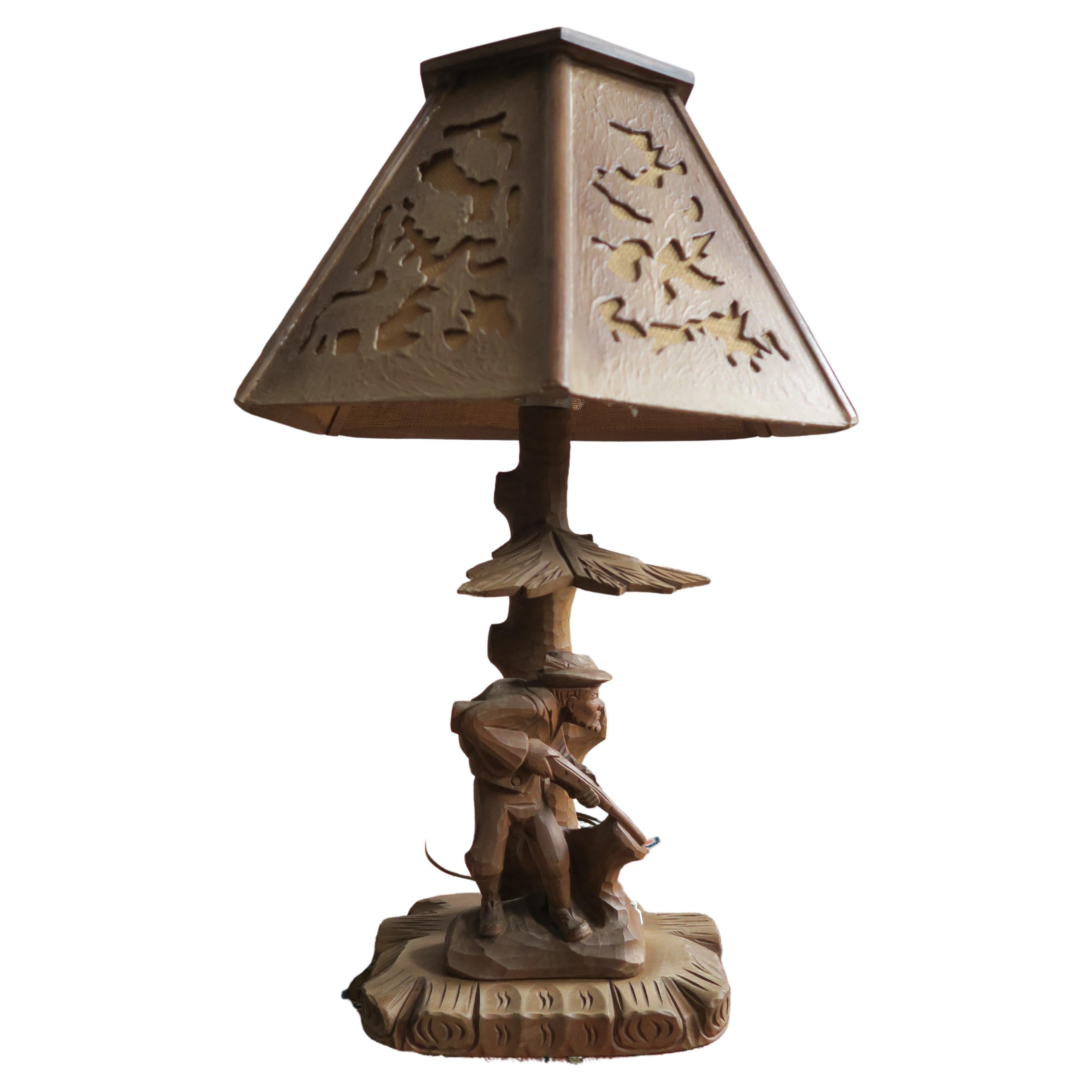 Hand Carved Black Forest Desk Lamp Hunting Scene, circa 1950s For Sale