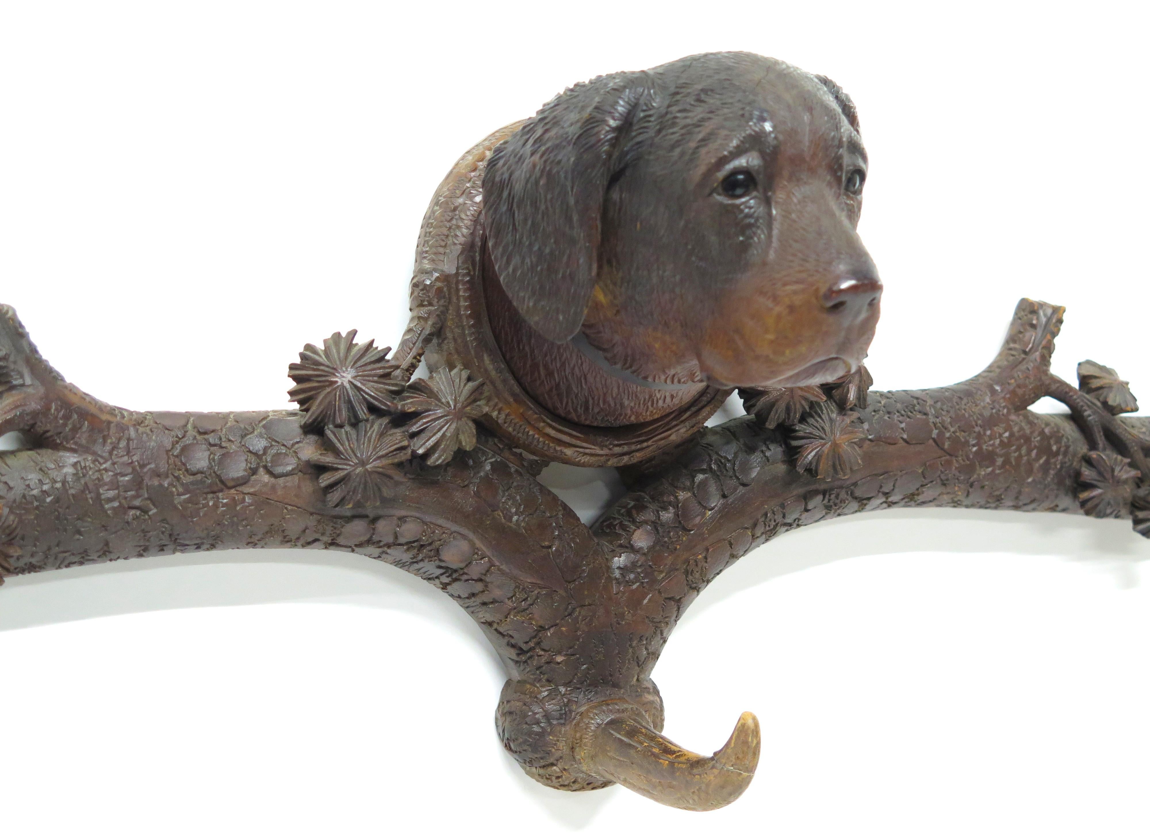 German Hand-Carved Black Forest Dog Three Hook Coat Rack For Sale