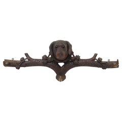 Antique Hand-Carved Black Forest Dog Three Hook Coat Rack