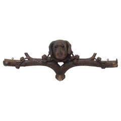 Hand-Carved Black Forest Dog Three Hook Coat Rack