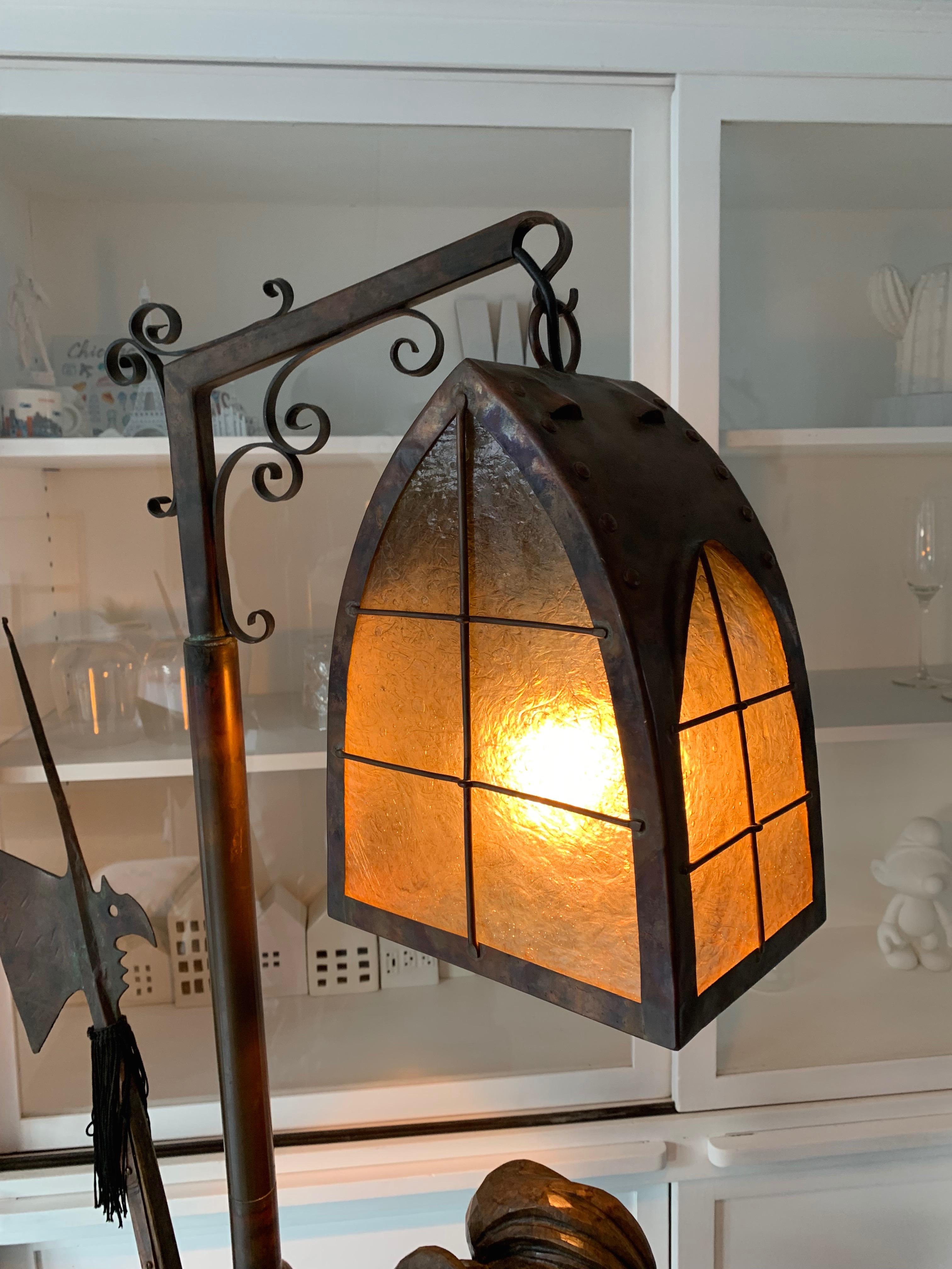 Copper Hand Carved Black Forest St. Wooden Floor Lamp of Lantern Holding & Tipsy Guard For Sale