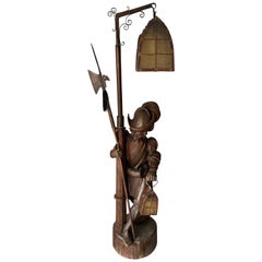 Antique Hand Carved Black Forest St. Wooden Floor Lamp of Lantern Holding & Tipsy Guard