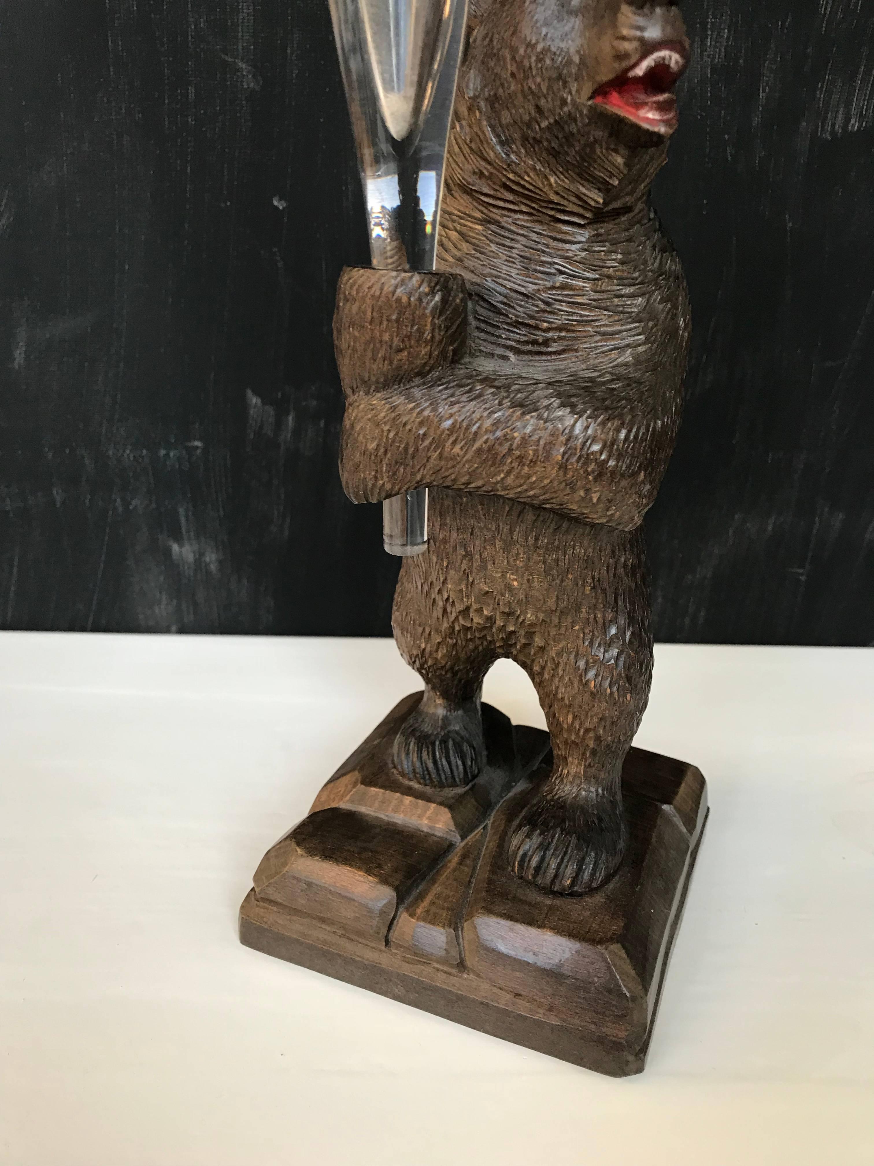 Black Forest Carved Wooden Standing Bear with an Engraved Glass Vase or Flute For Sale 5