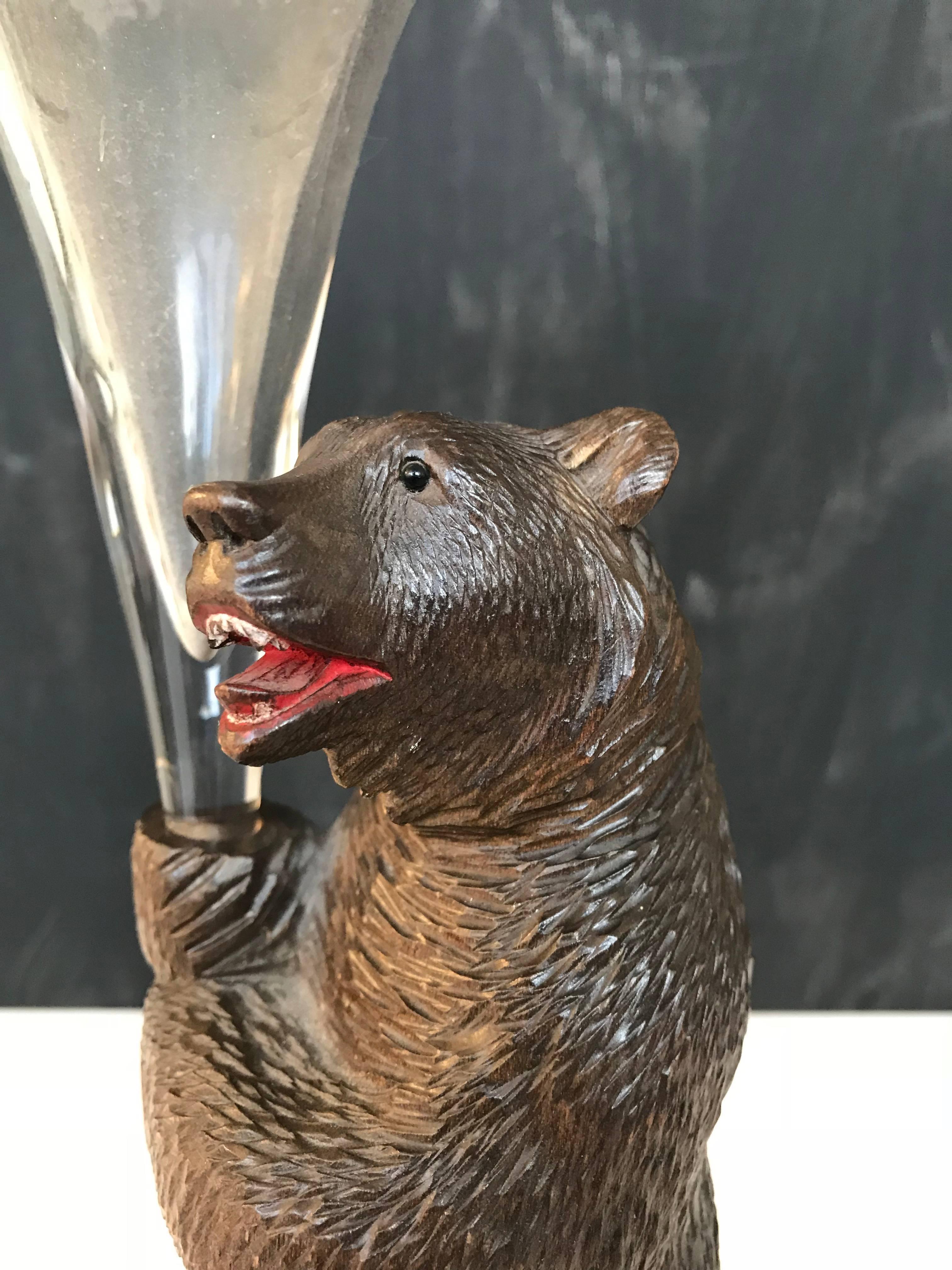 Swiss Black Forest Carved Wooden Standing Bear with an Engraved Glass Vase or Flute For Sale