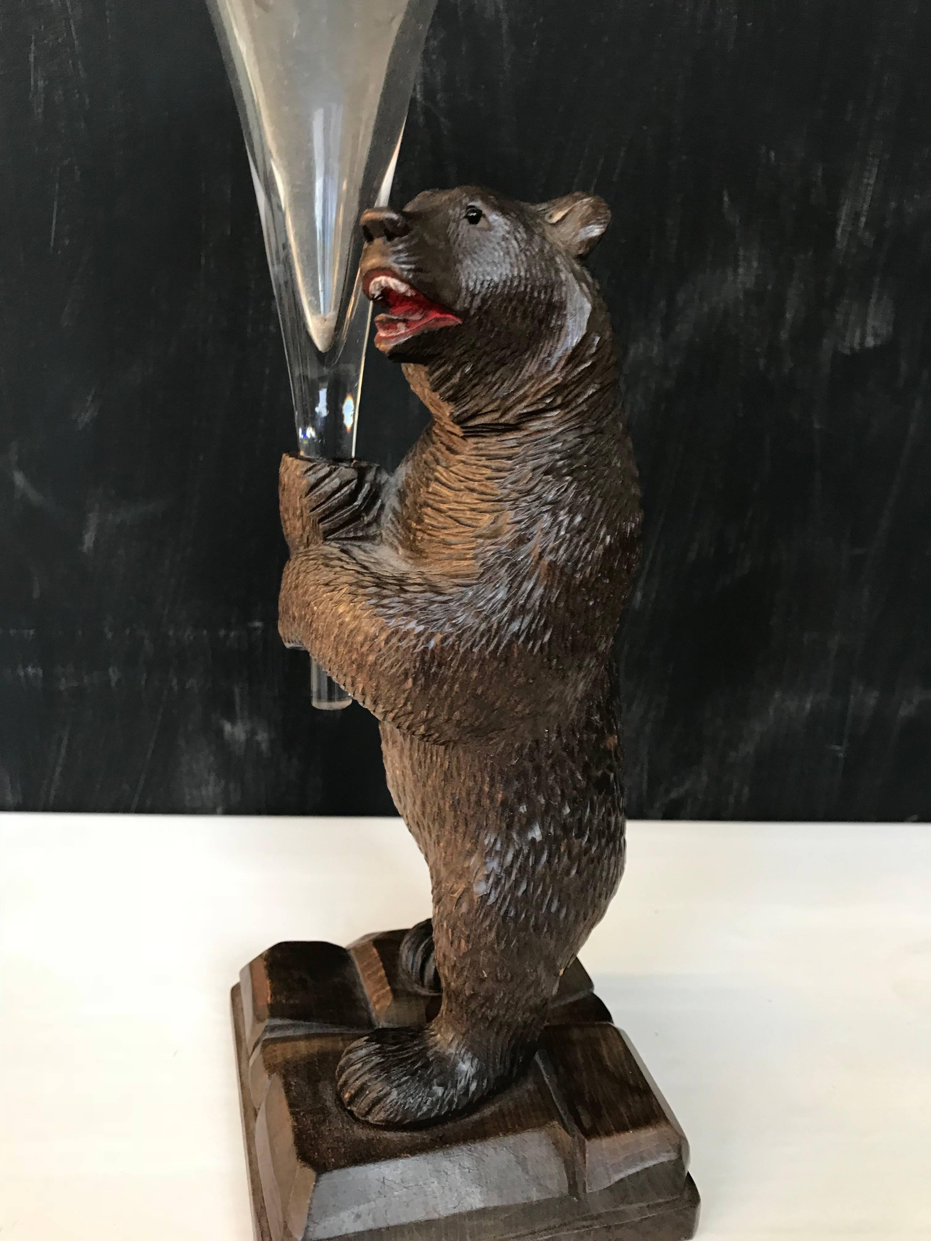 Black Forest Carved Wooden Standing Bear with an Engraved Glass Vase or Flute For Sale 3