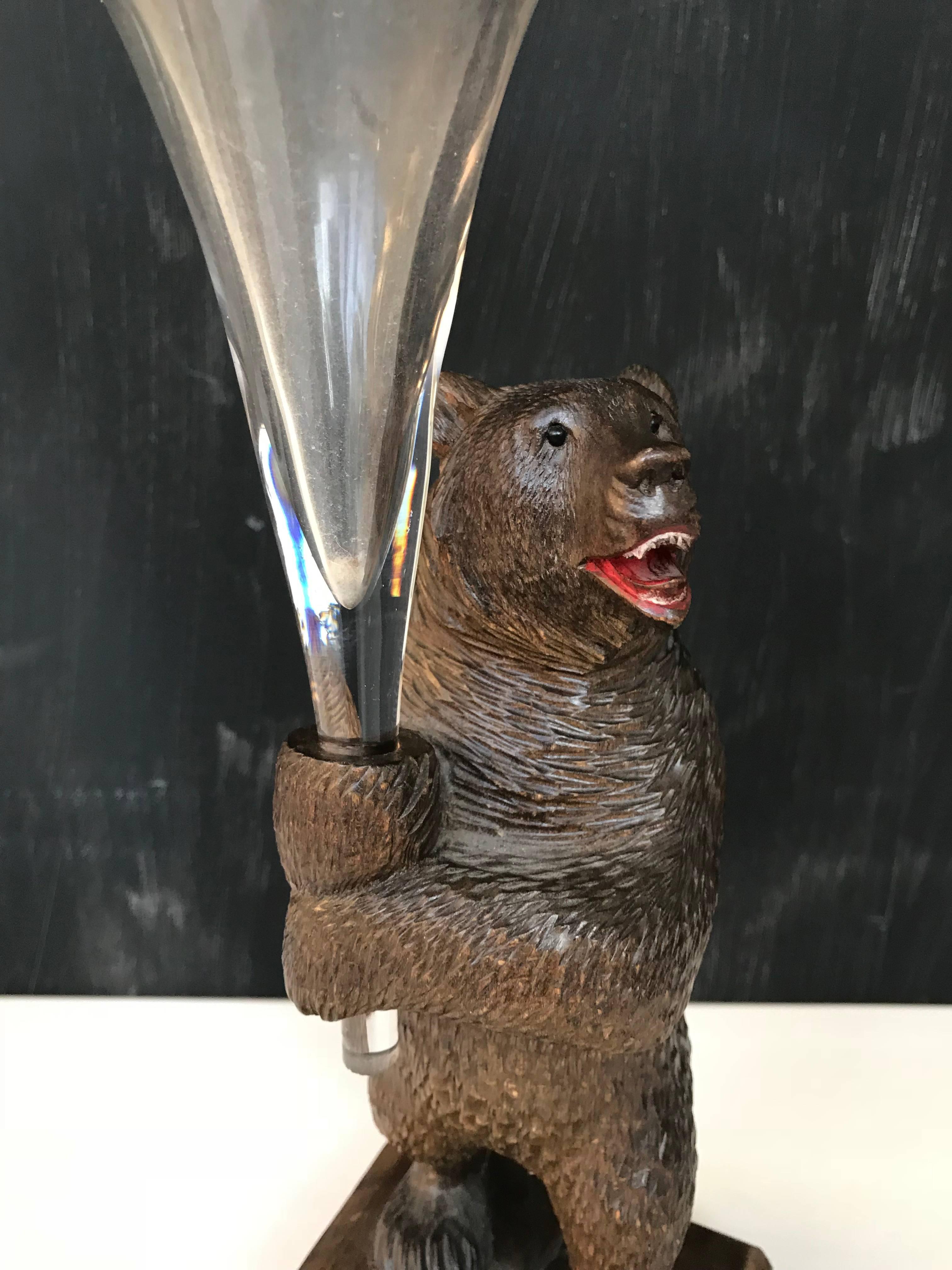 Black Forest Carved Wooden Standing Bear with an Engraved Glass Vase or Flute For Sale 4