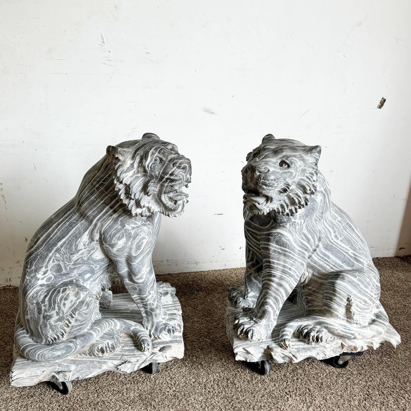 Hand Carved Black Marble Tiger Statues - a Pair 5