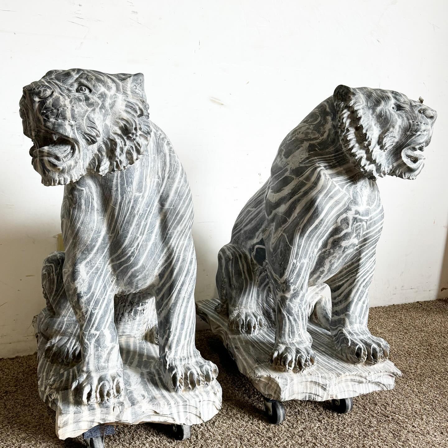 Other Hand Carved Black Marble Tiger Statues - a Pair For Sale
