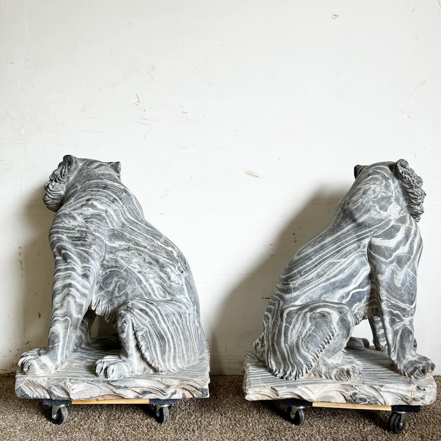 Hand Carved Black Marble Tiger Statues - a Pair In Good Condition For Sale In Delray Beach, FL