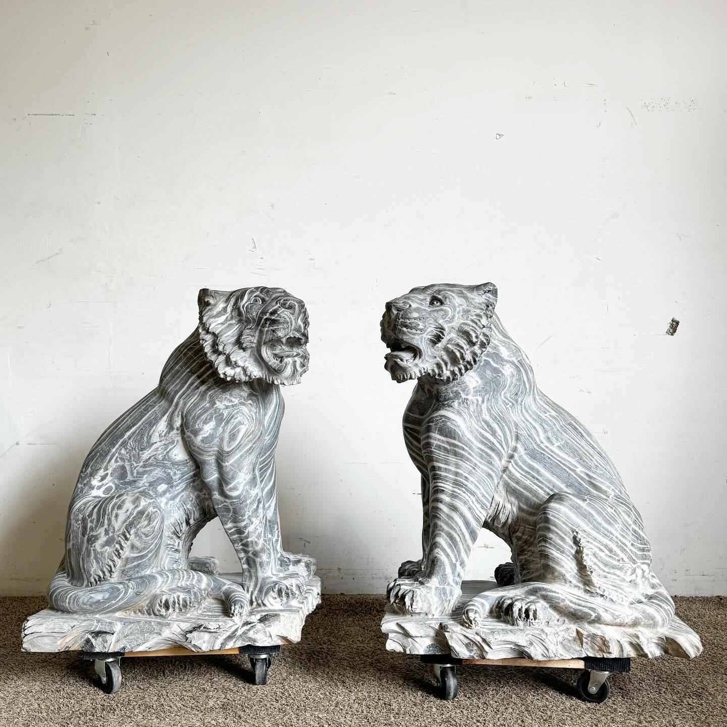 20th Century Hand Carved Black Marble Tiger Statues - a Pair For Sale