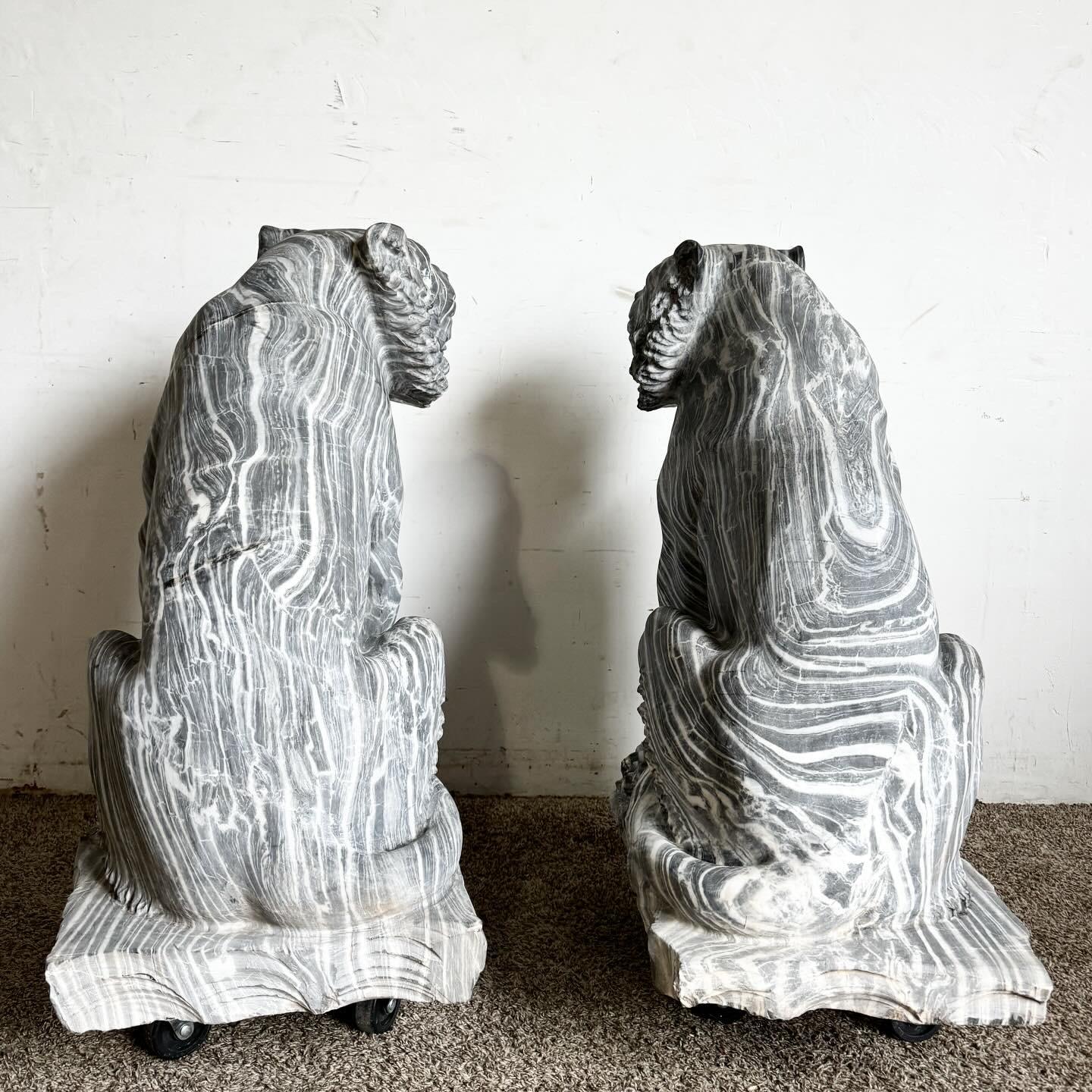 Hand Carved Black Marble Tiger Statues - a Pair For Sale 2