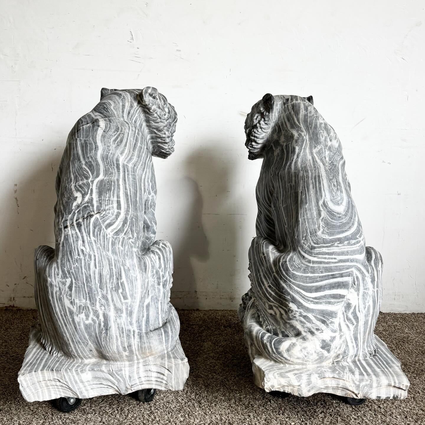 Hand Carved Black Marble Tiger Statues - a Pair 4