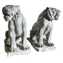 Hand Carved Black Marble Tiger Statues - a Pair