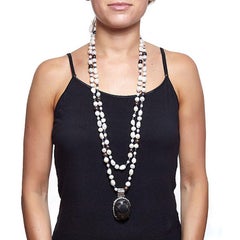 Hand Carved Black Obsidian Pendant with White Sapphires