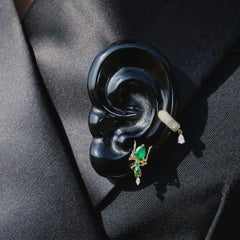 Hand Carved Black Obsidian Sculptural Ear Brooch