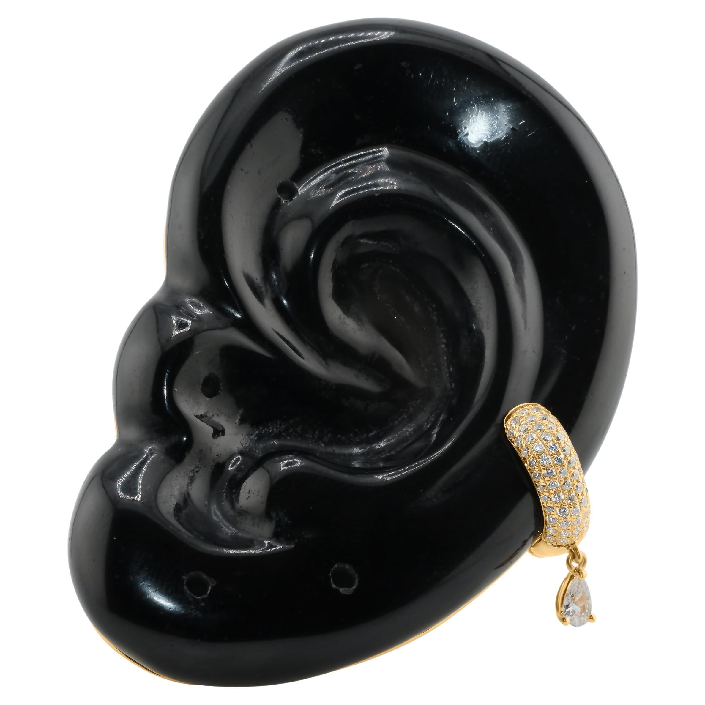 Pre-owned Cocoerow Fine Jewelry Hand Carved Black Obsidian Sculptural Ear Brooch