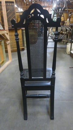 Hand Carved Black Stained Oak Gothic Revival Side Chair w/ Wicker Seat