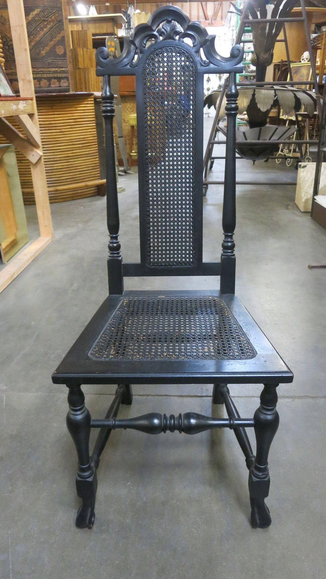 Hand Carved Black Stained Oak Gothic Revival Side Chair w/ Wicker Seat In Good Condition For Sale In Van Nuys, CA