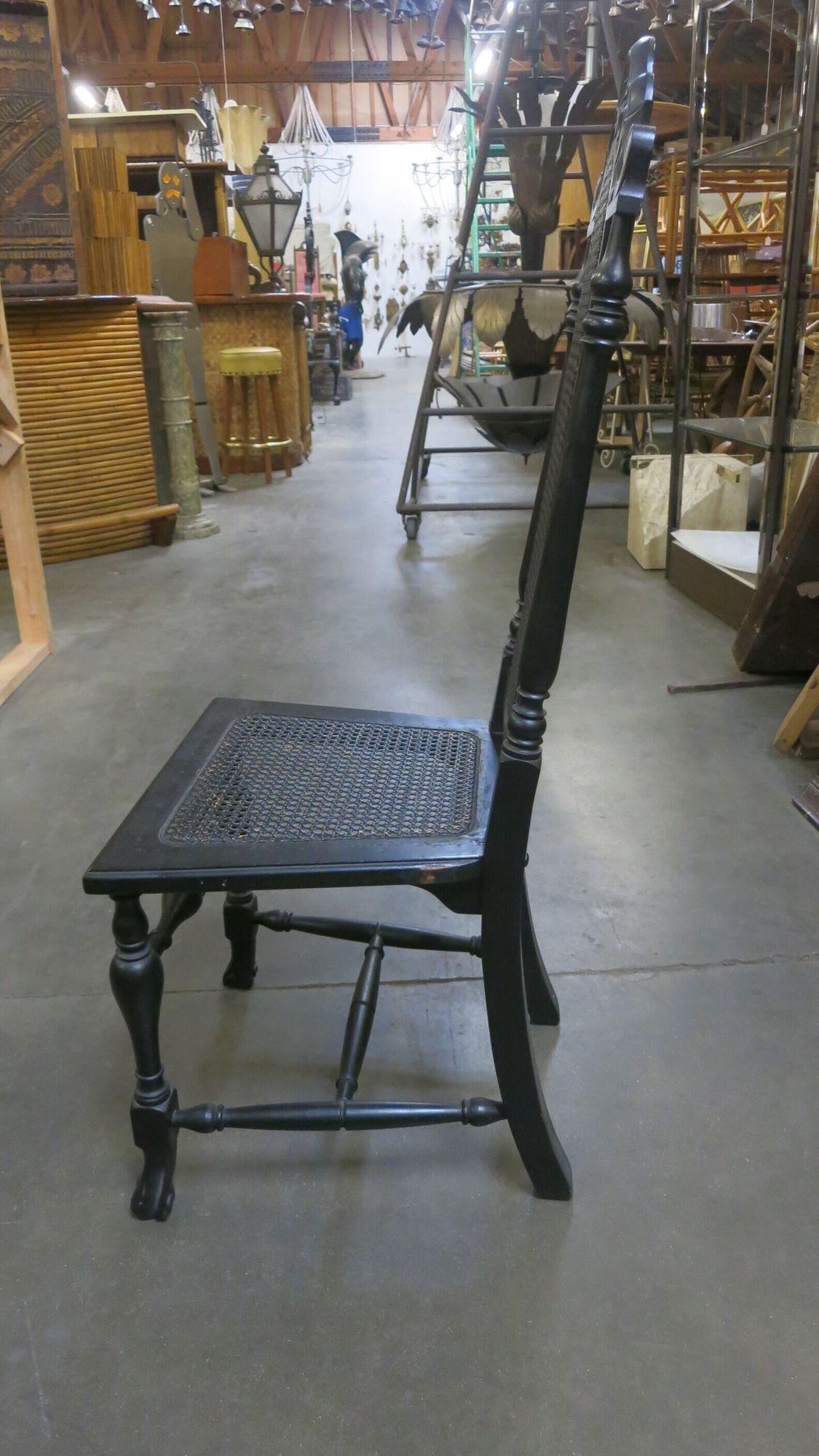 Mid-19th Century Hand Carved Black Stained Oak Gothic Revival Side Chair w/ Wicker Seat For Sale