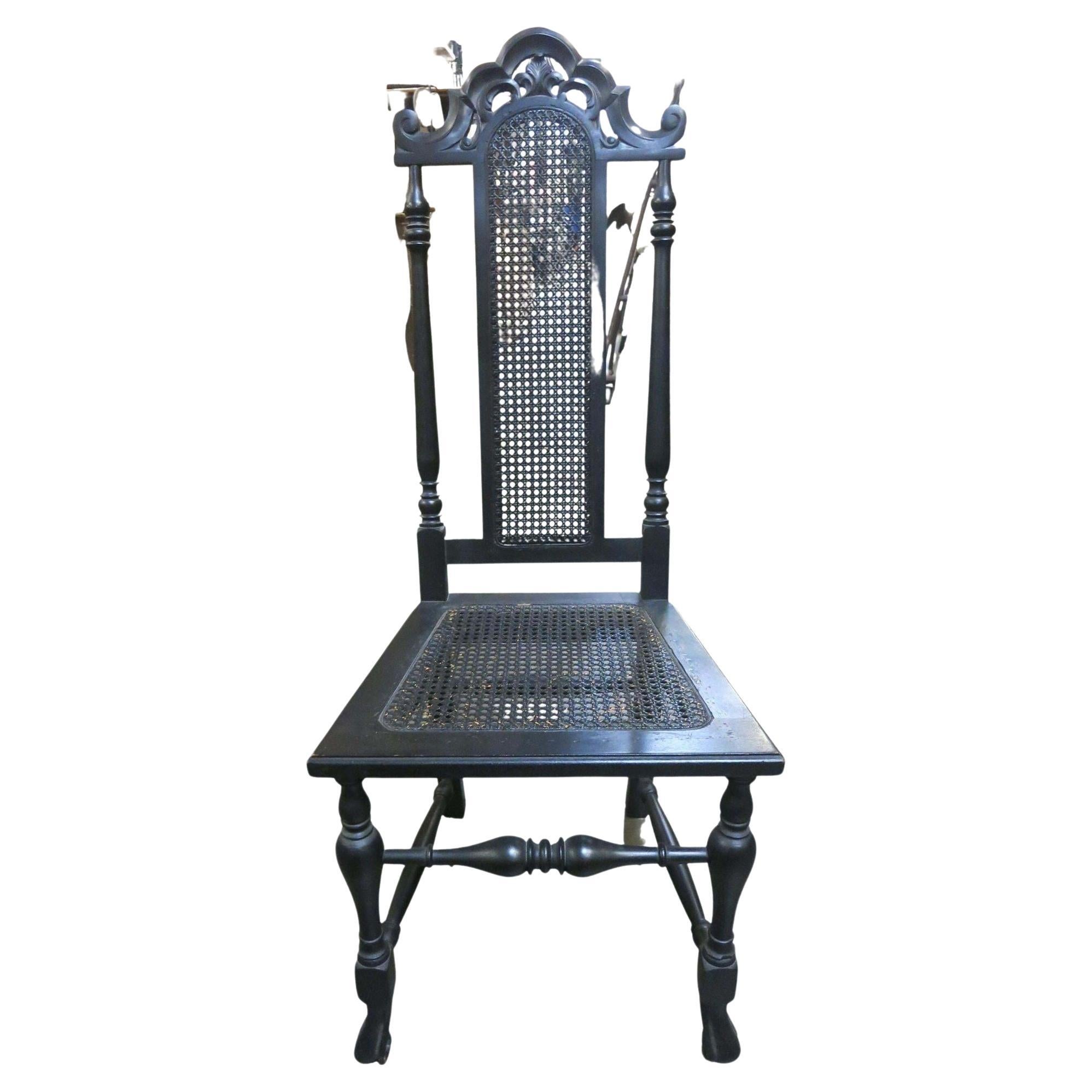 Hand Carved Black Stained Oak Gothic Revival Side Chair w/ Wicker Seat