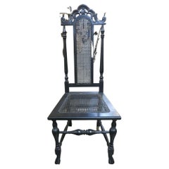 Hand Carved Black Stained Oak Gothic Revival Side Chair w/ Wicker Seat