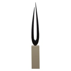 Hand Carved Blackened Solid Wood Sculpture on Limestone Pedestal by Dave Lasker