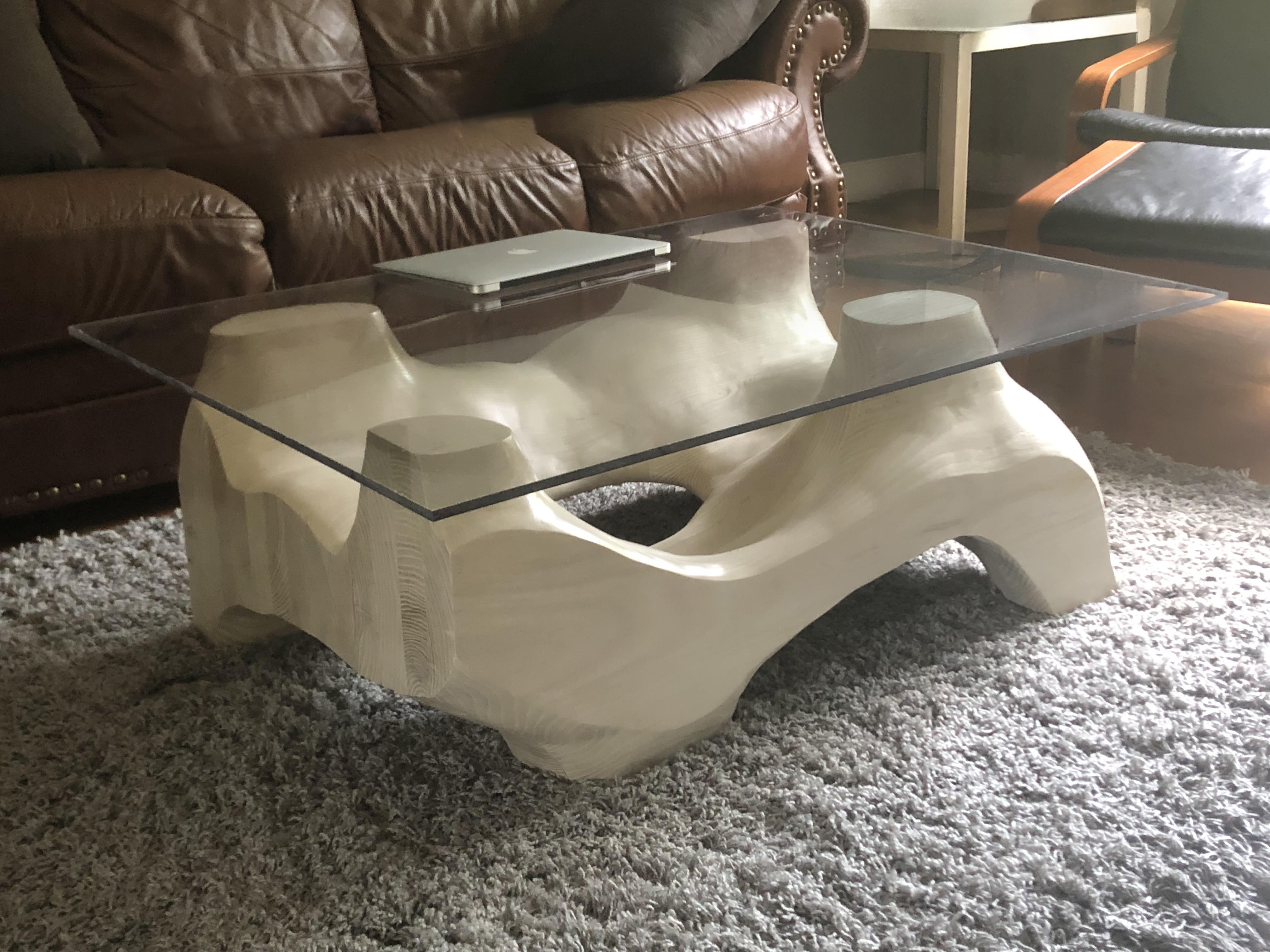 American Hand-Carved Bleached White Ash Flow Coffee Table For Sale