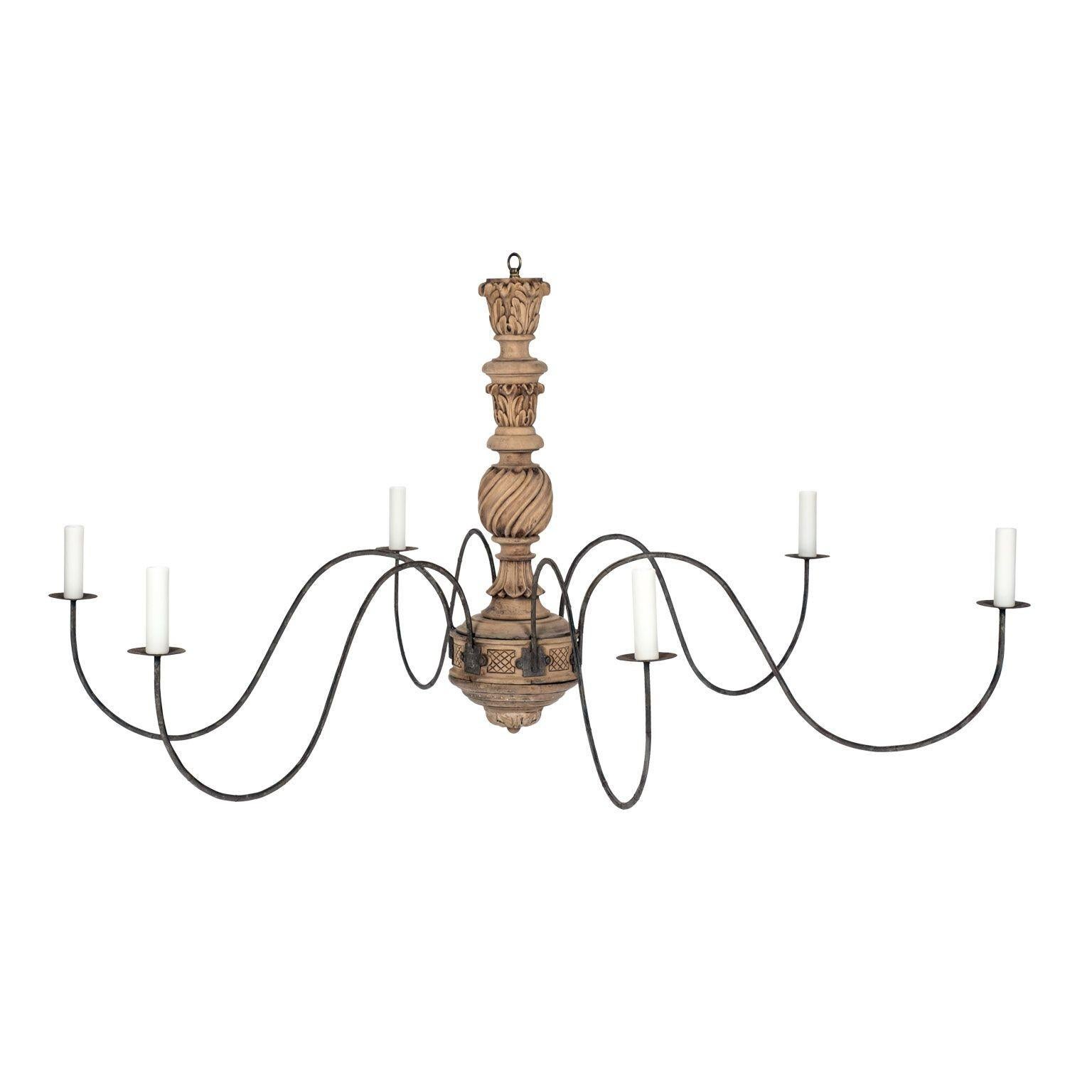 20th Century Hand-carved Bleached Wood French Chandelier For Sale