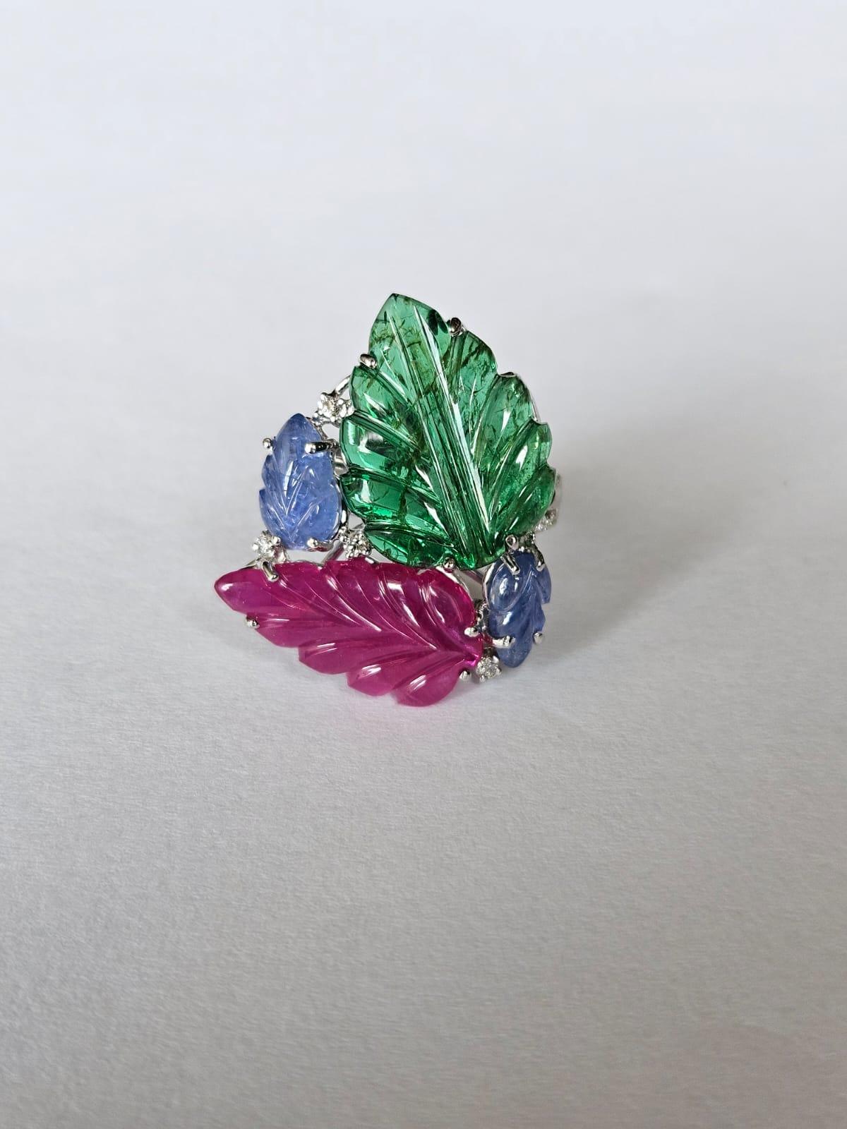 Women's or Men's Hand carved, Blue Sapphire, Emerald, Ruby & Diamonds Tuttu Frutti Cocktail Ring For Sale