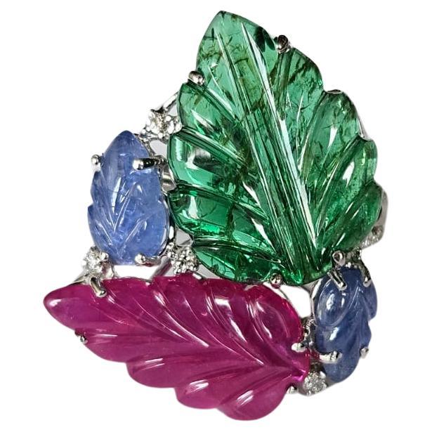 Hand carved, Blue Sapphire, Emerald, Ruby & Diamonds Tuttu Frutti Cocktail Ring