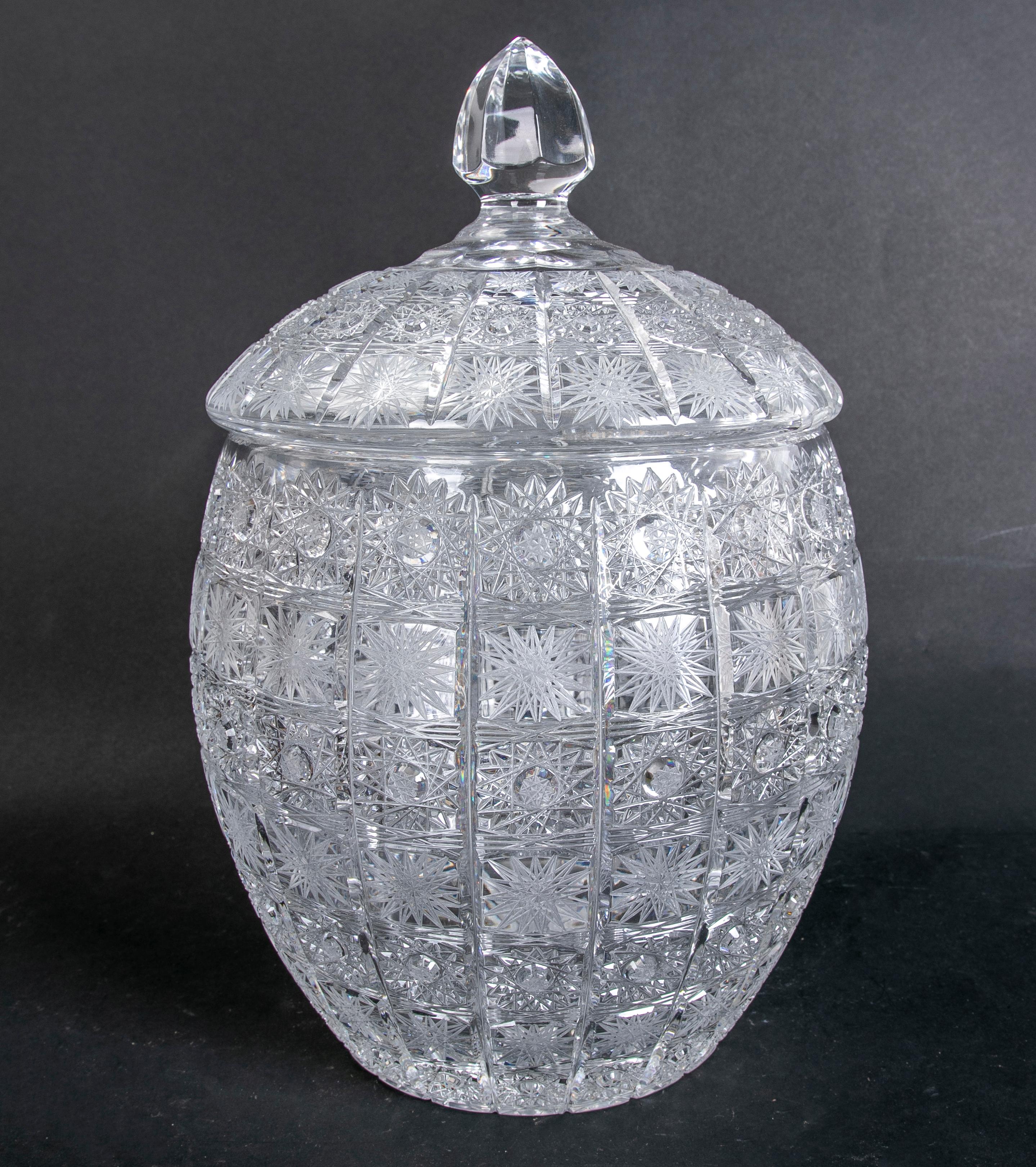 Hand-carved Bohemian crystal lidded vessel.