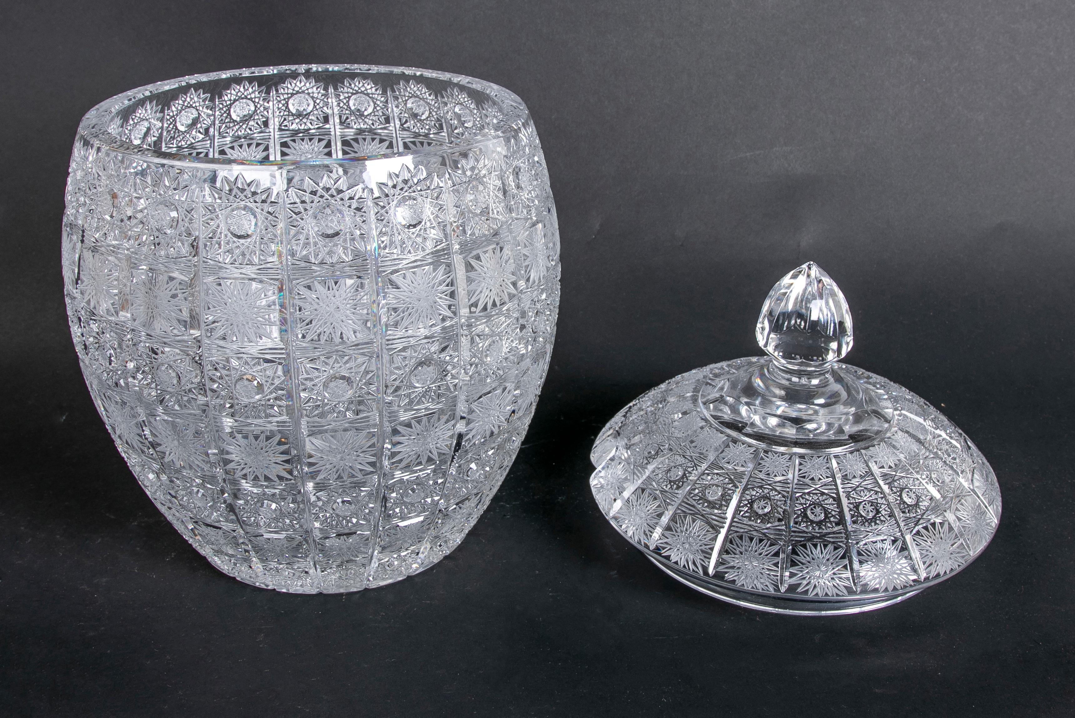 Czech Hand-Carved Bohemian Crystal Lidded Vessel For Sale