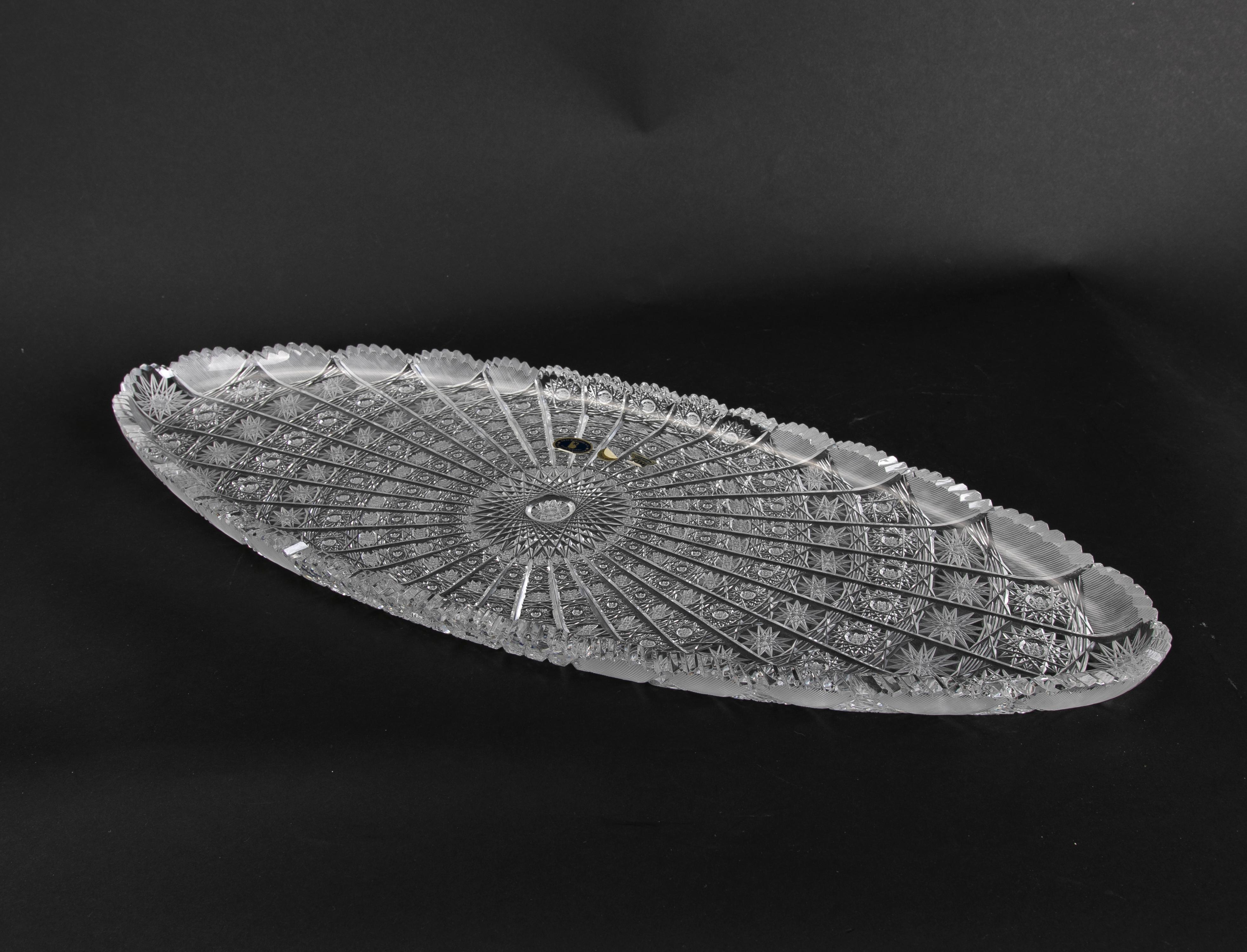Hand-Carved Bohemian Crystal Oval Tray For Sale 9