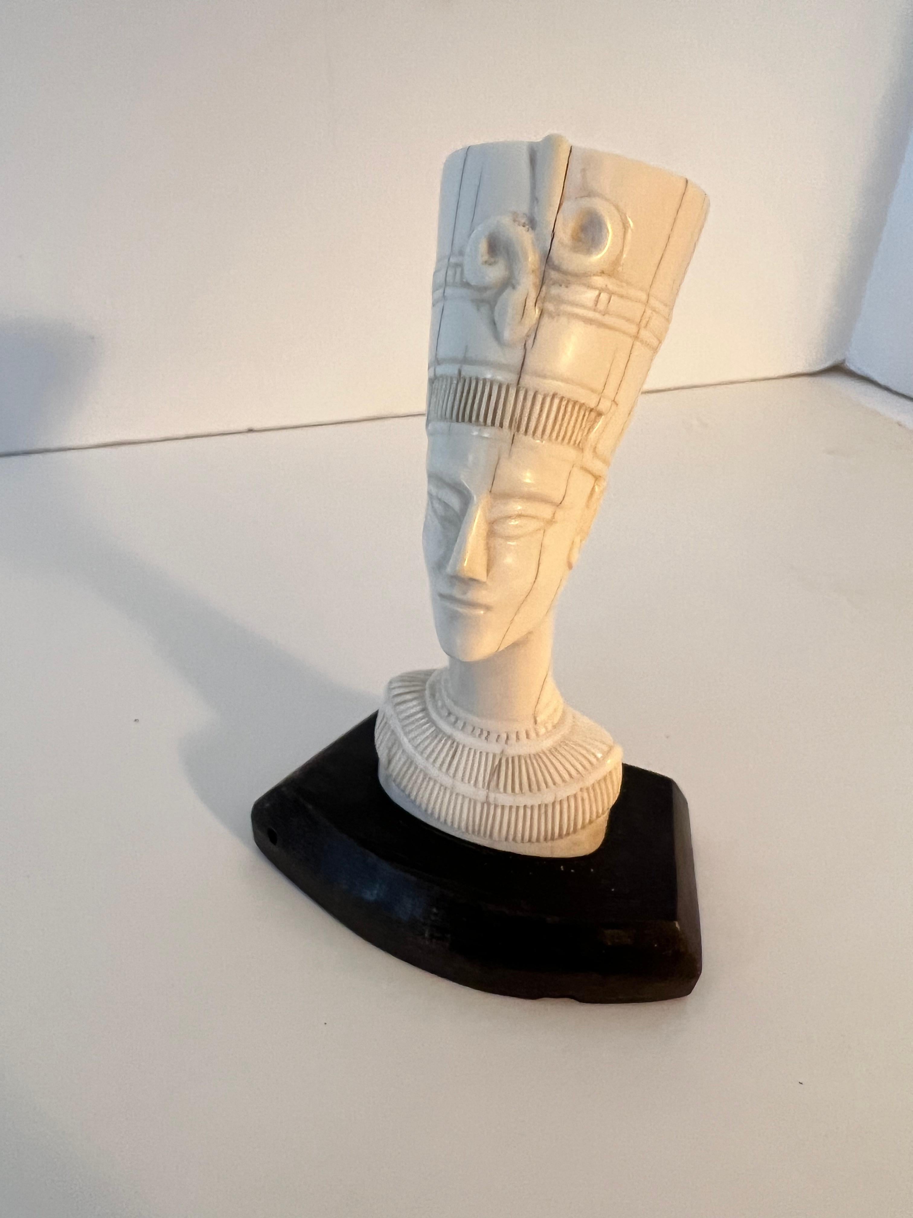 Mid-Century Modern Hand Carved Bone Bust of Nefertiti on Wood Base For Sale