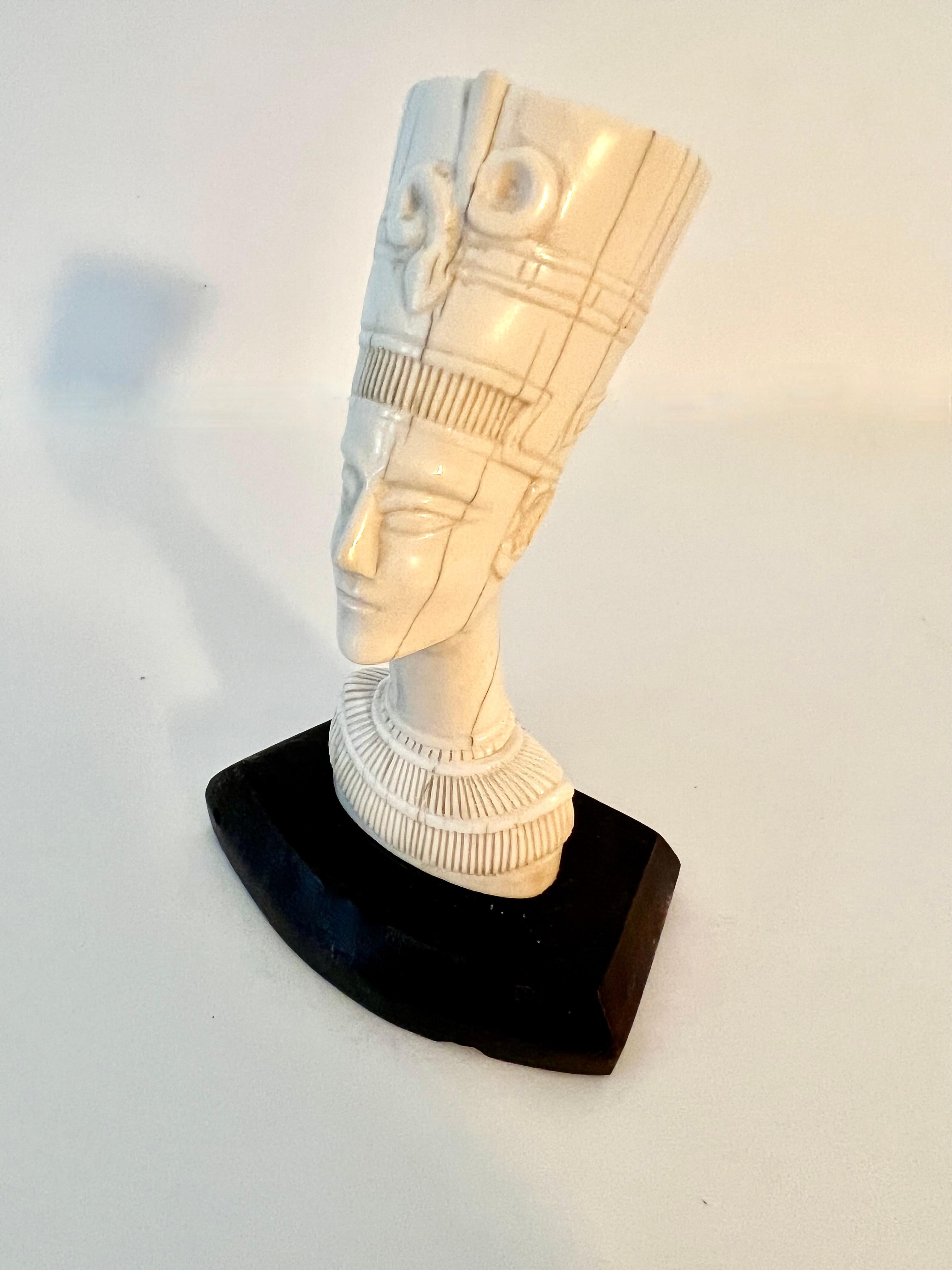 Asian Hand Carved Bone Bust of Nefertiti on Wood Base For Sale