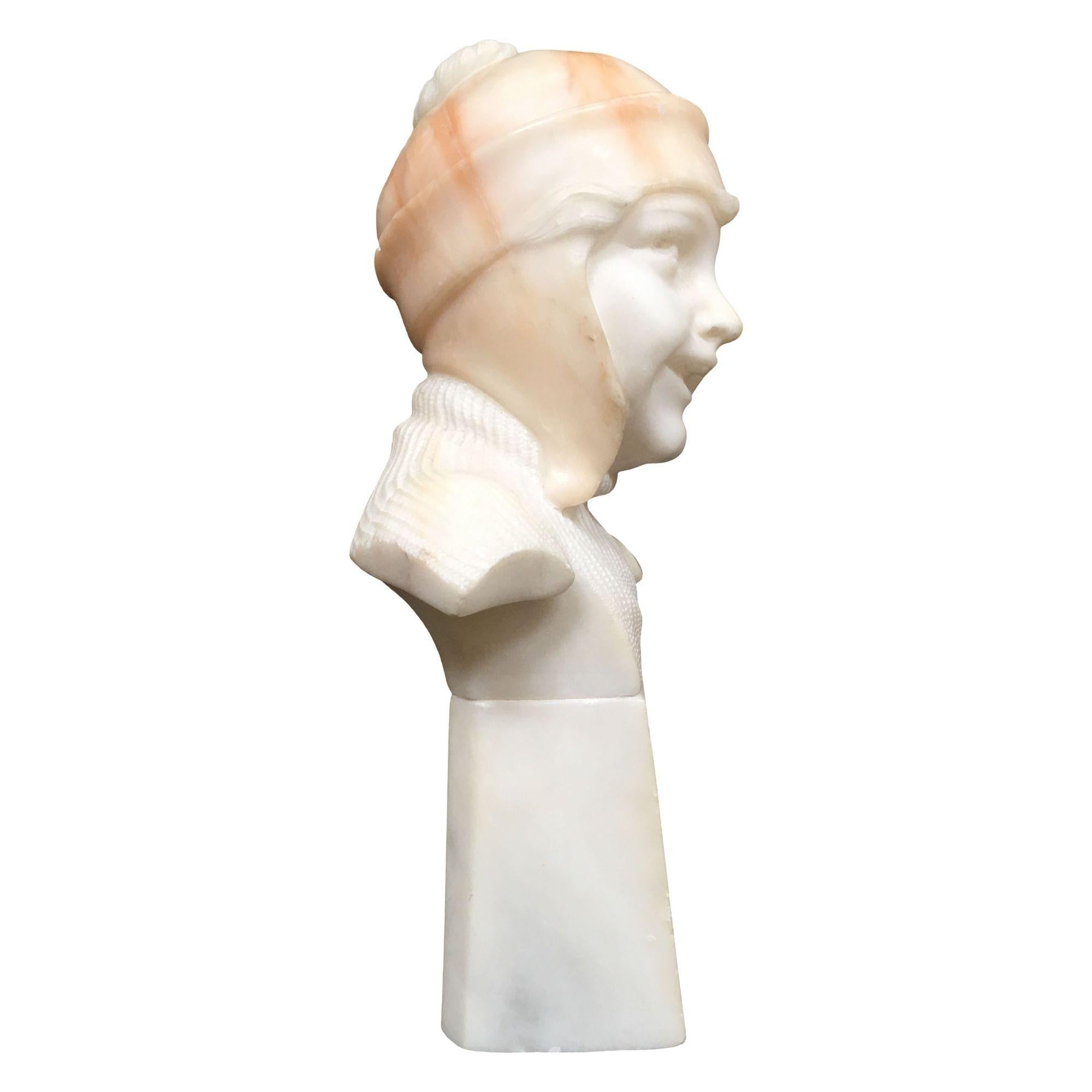 Art Deco Hand Carved Boy and Girl Alabaster Bust Set For Sale