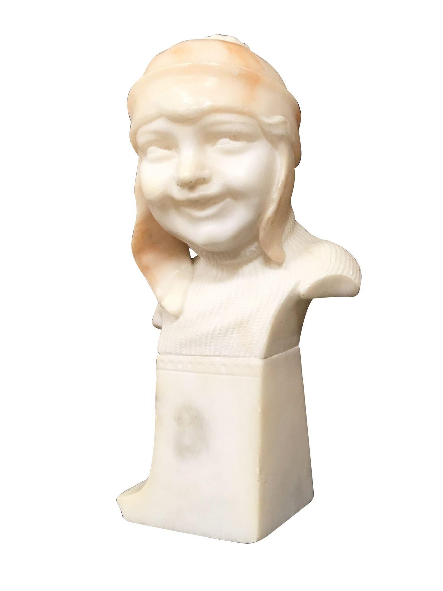 American Hand Carved Boy and Girl Alabaster Bust Set For Sale